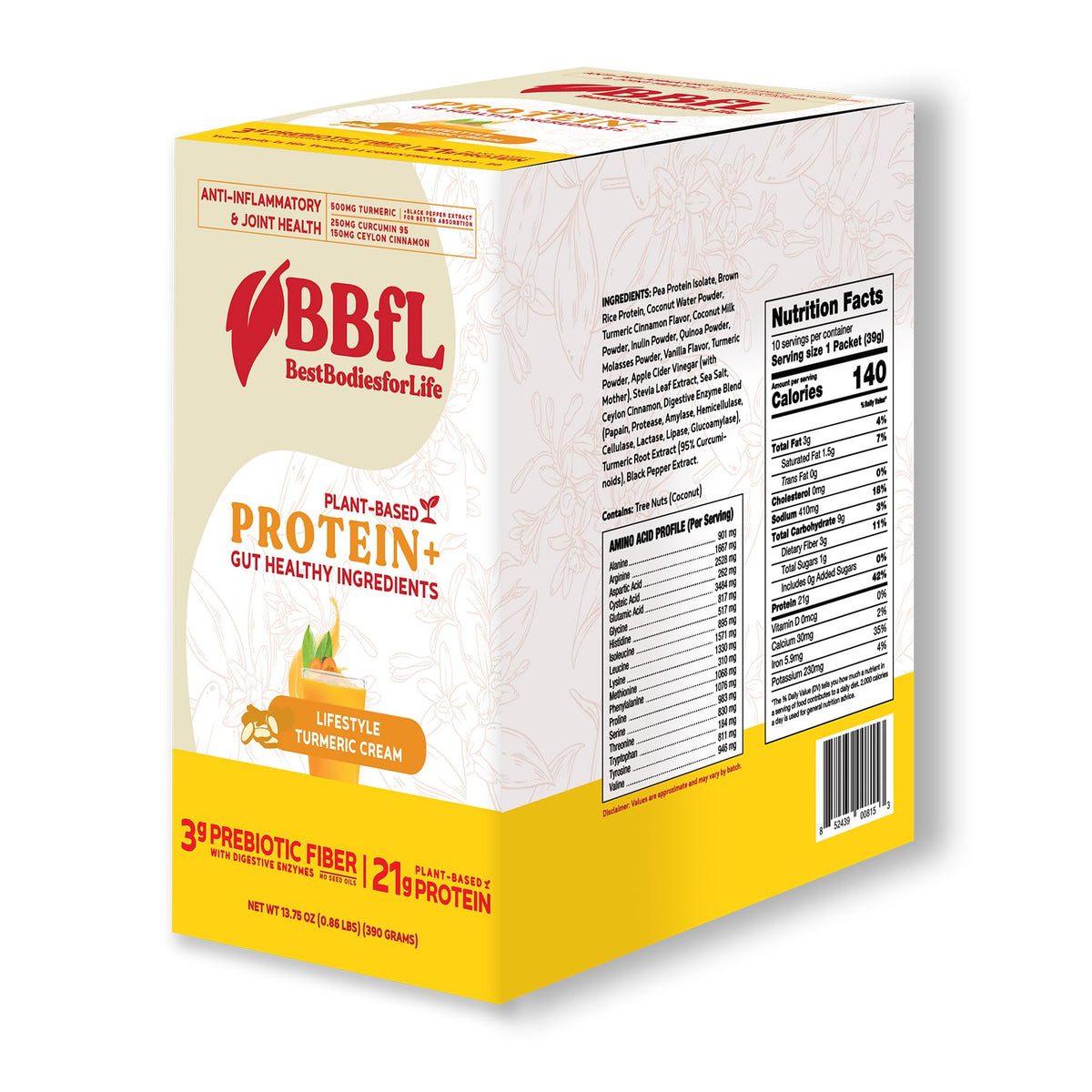 BBfL proteina vegetal en polvo en bote crema cúrcuma, apoyo a la recuperación muscular.