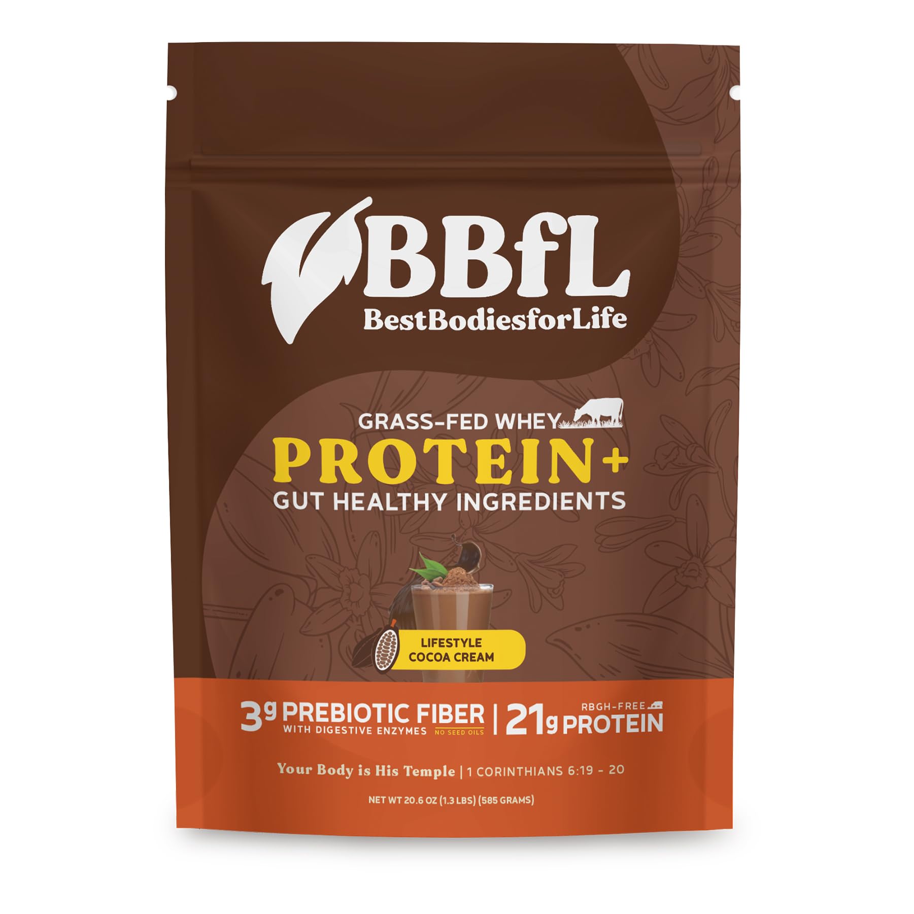 BBfL batido de proteína de cacao crema vertido en vaso para energía diaria