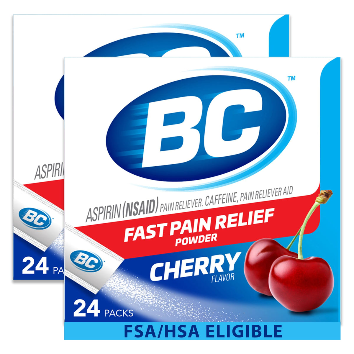 BC Powder cereza, dolor de cabeza, formato disoluble para alivio rápido.