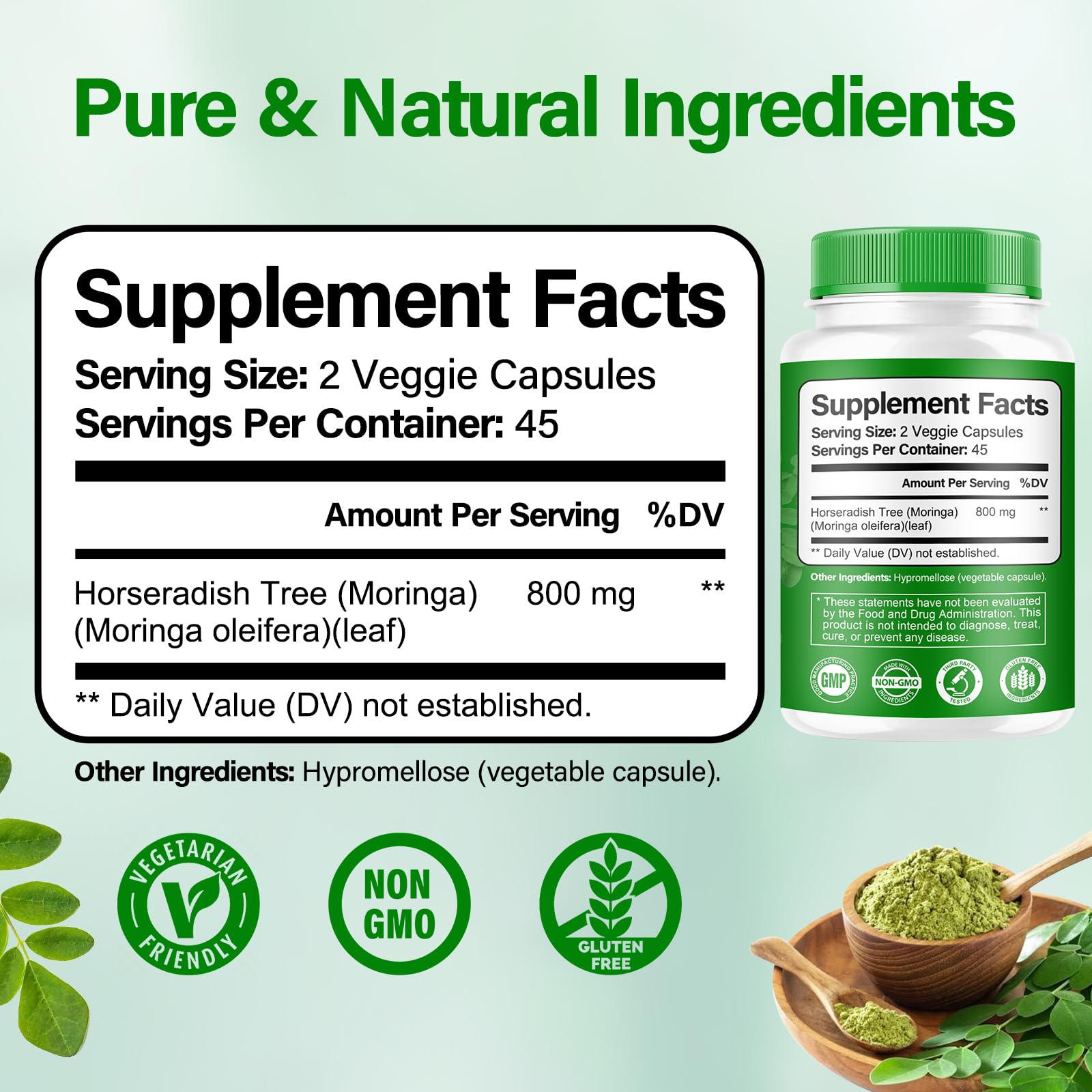 Bcuelov Moringa: etiqueta frontal destaca vitaminas y aminoácidos.