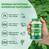 Bcuelov Moringa: gráfico nutricional con vitaminas y minerales clave.
