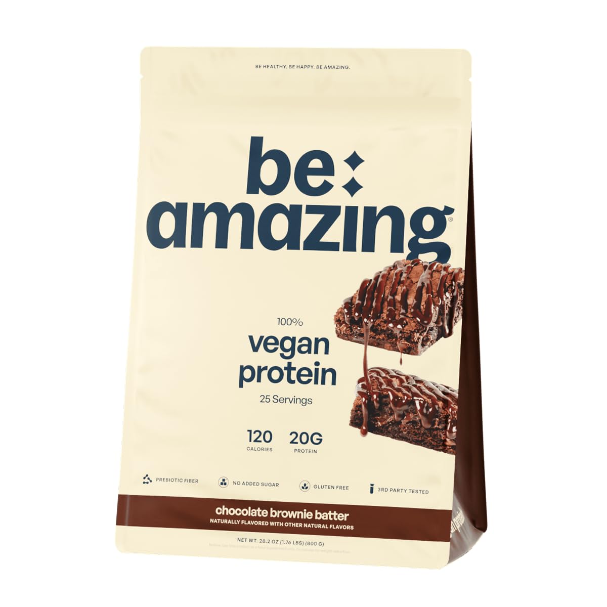 BE AMAZING Proteína vegana Chocolate Brownie Batter, textura cremosa para batidos deliciosos.