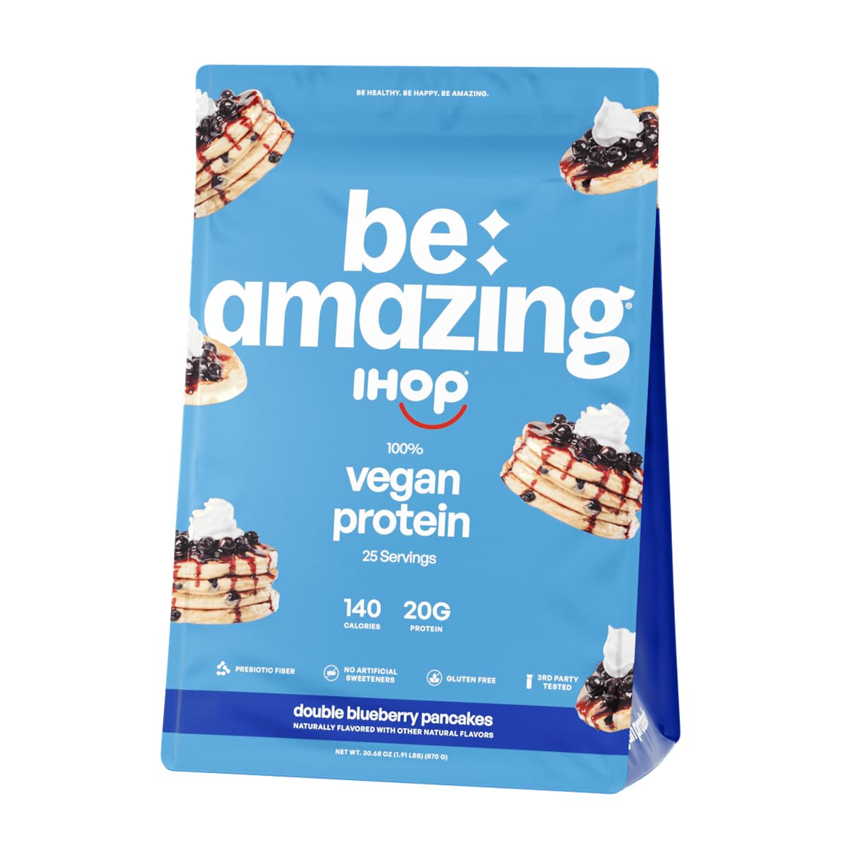 BE AMAZING proteína vegana frente del envase, ideal para desayuno equilibrado