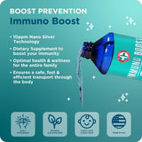 Be Smart Get Prepared Nano Silver Immuno Boost, etiqueta de la botella, información clara para uso seguro.
