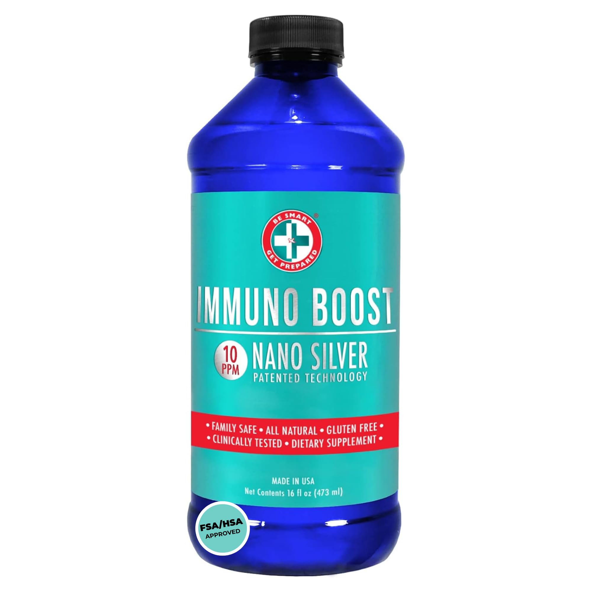 Be Smart Get Prepared Nano Silver Immuno Boost, botella frontal, posible apoyo al sistema inmunitario.