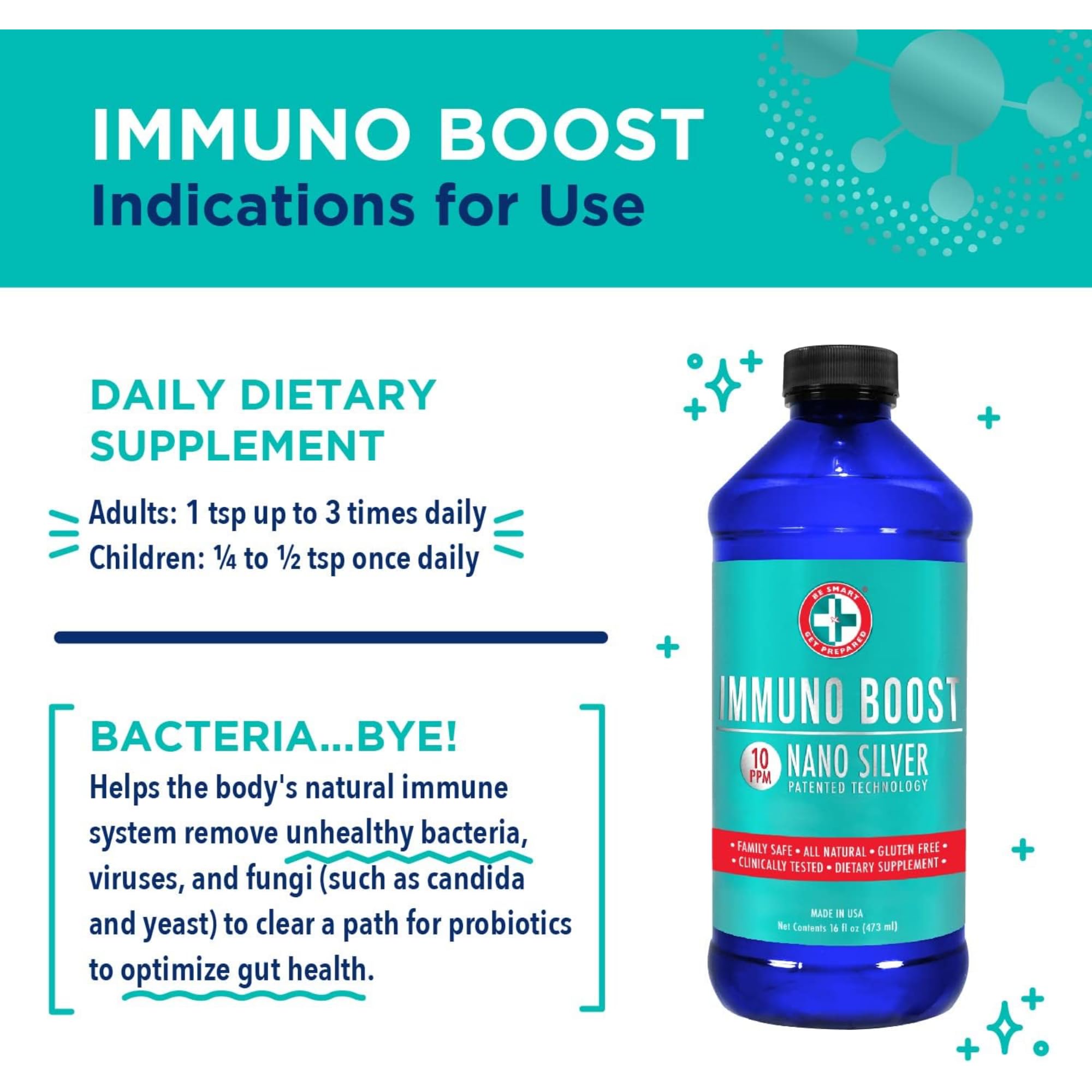 Be Smart Get Prepared Nano Silver Immuno Boost, gota de dosis, método práctico para la toma diaria.