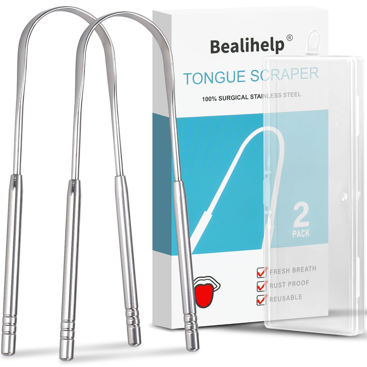 Bealihelp doble pack, limpiador de lengua en acero quirúrgico para higiene oral.