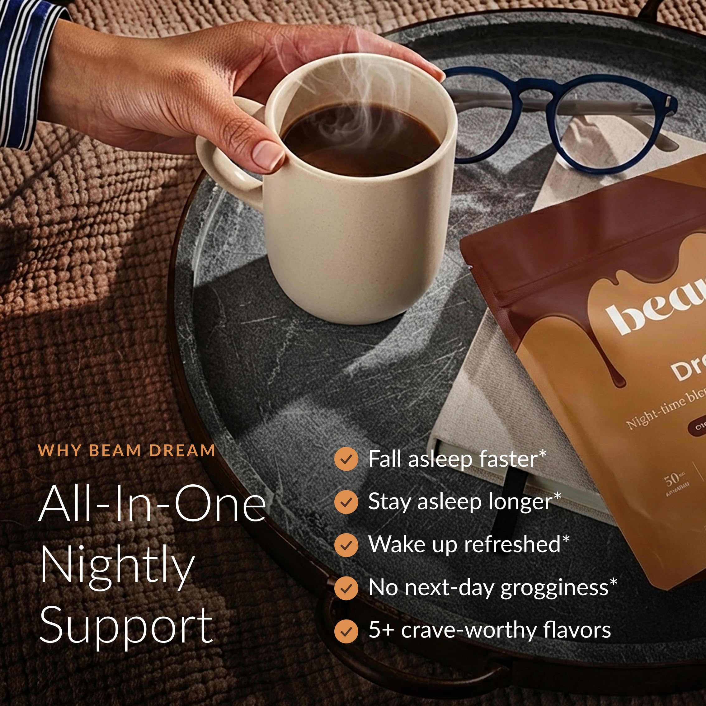 Beam Dream Sleep Powder mezcla cacao nocturna, lista para beber antes de dormir.