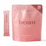 Beam Glow botella vista frontal mostrando el suplemento para equilibrio hormonal