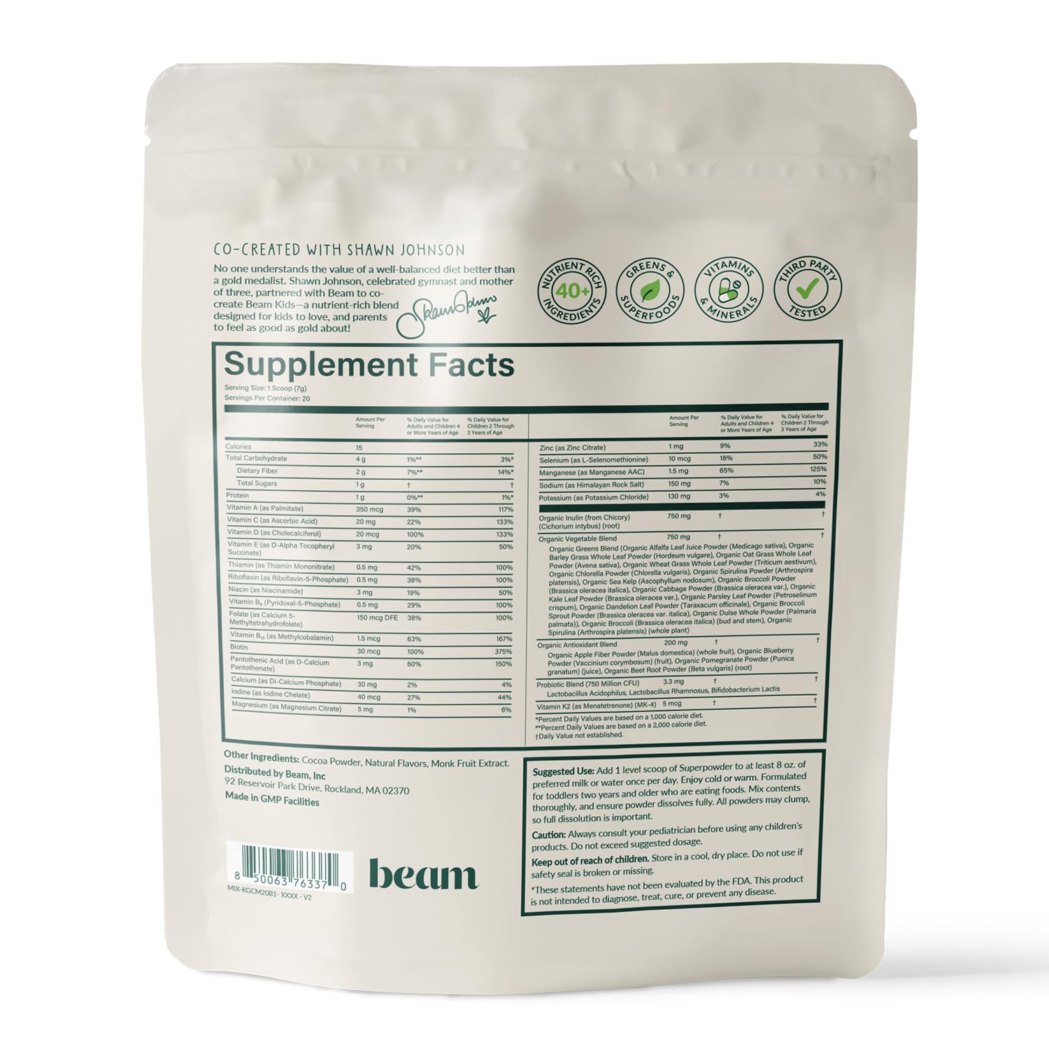 Envase práctico de Beam Niños Multivitamínico en Polvo, ideal para la cocina