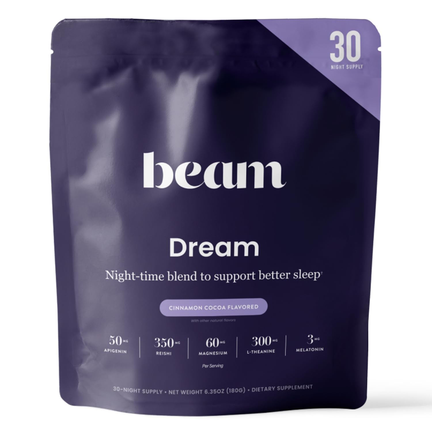 Beam Polvo de Sueño envase frontal, listo para iniciar la rutina nocturna.