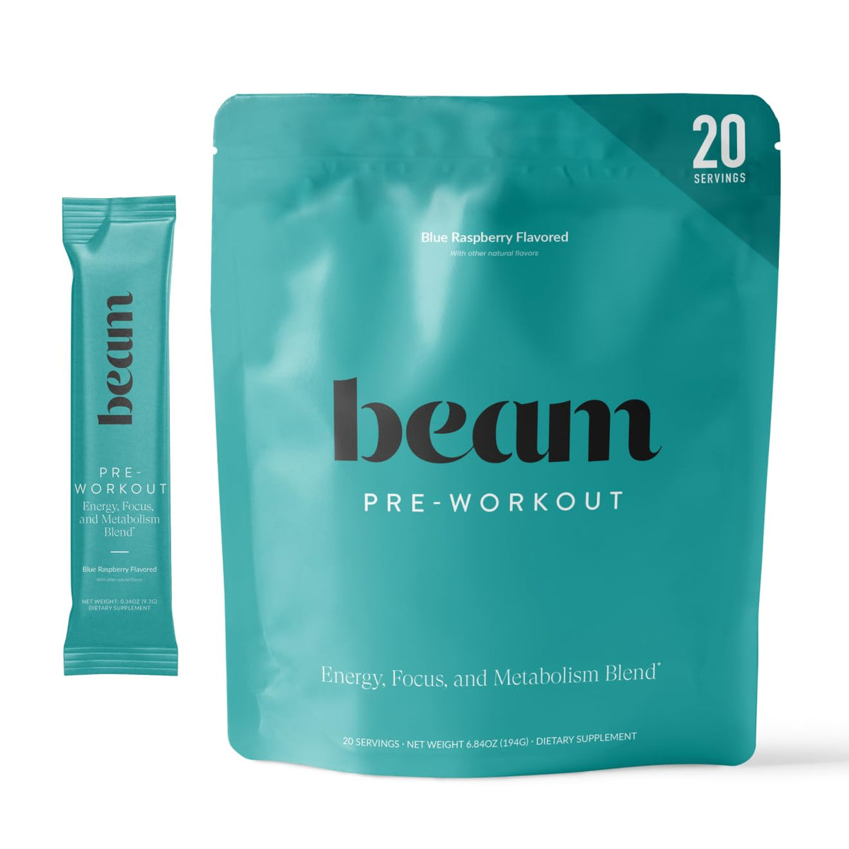 Beam Polvo de Preentrenamiento en envase azul, energía estable para entrenamientos
