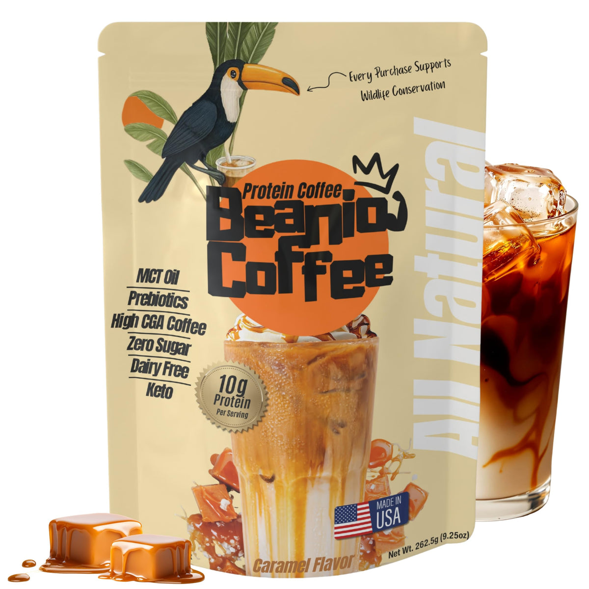 Beanio Caramel Protein Iced Coffee empaque práctico para energía rápida sin azúcar