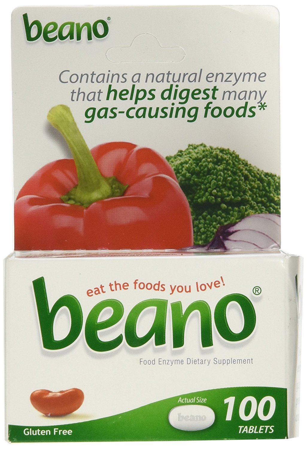 Beano Fortaleza Extra: envase de tabletas para prevenir gases durante la comida.