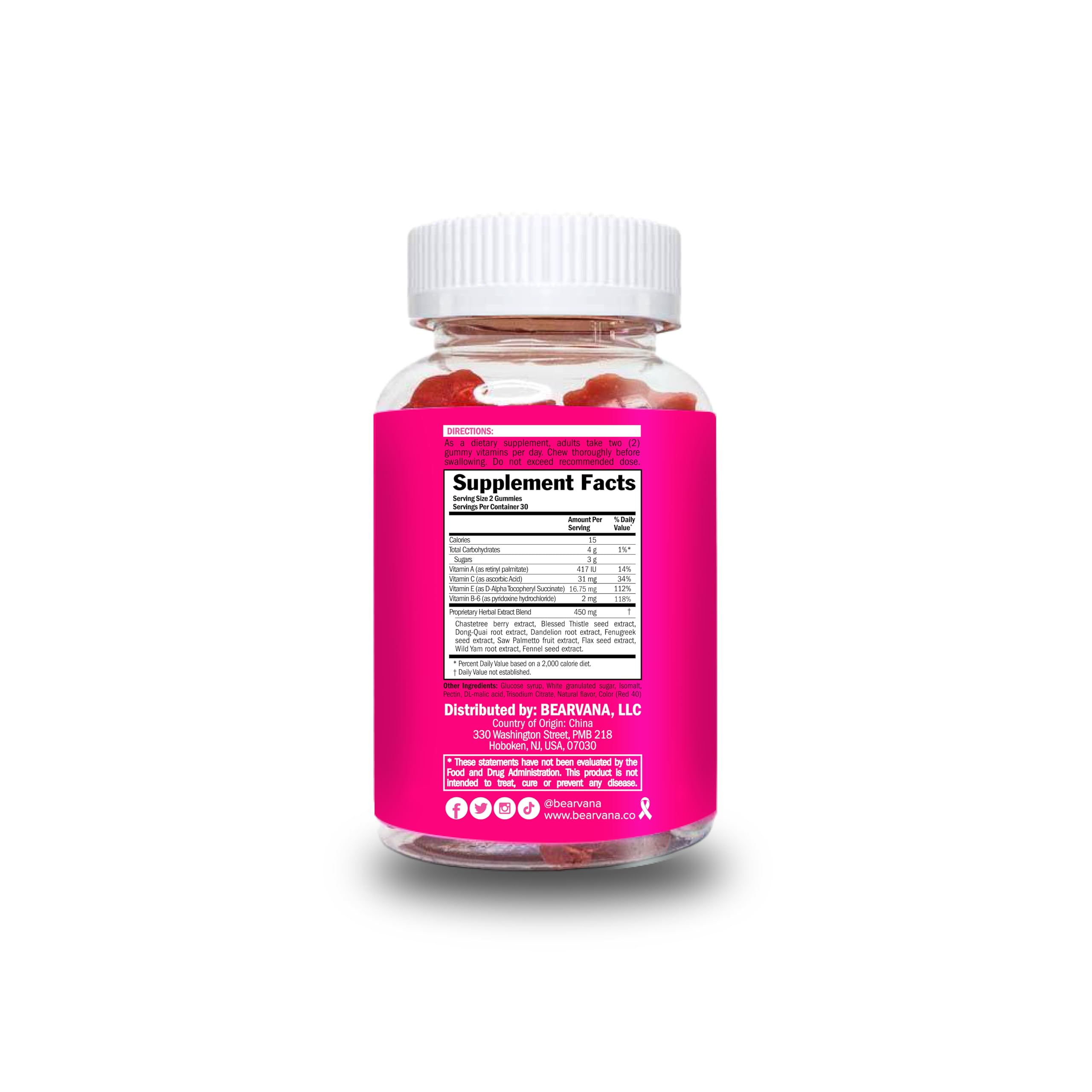 Etiqueta BEARVANA, gominolas para mujeres con lista de ingredientes botánicos