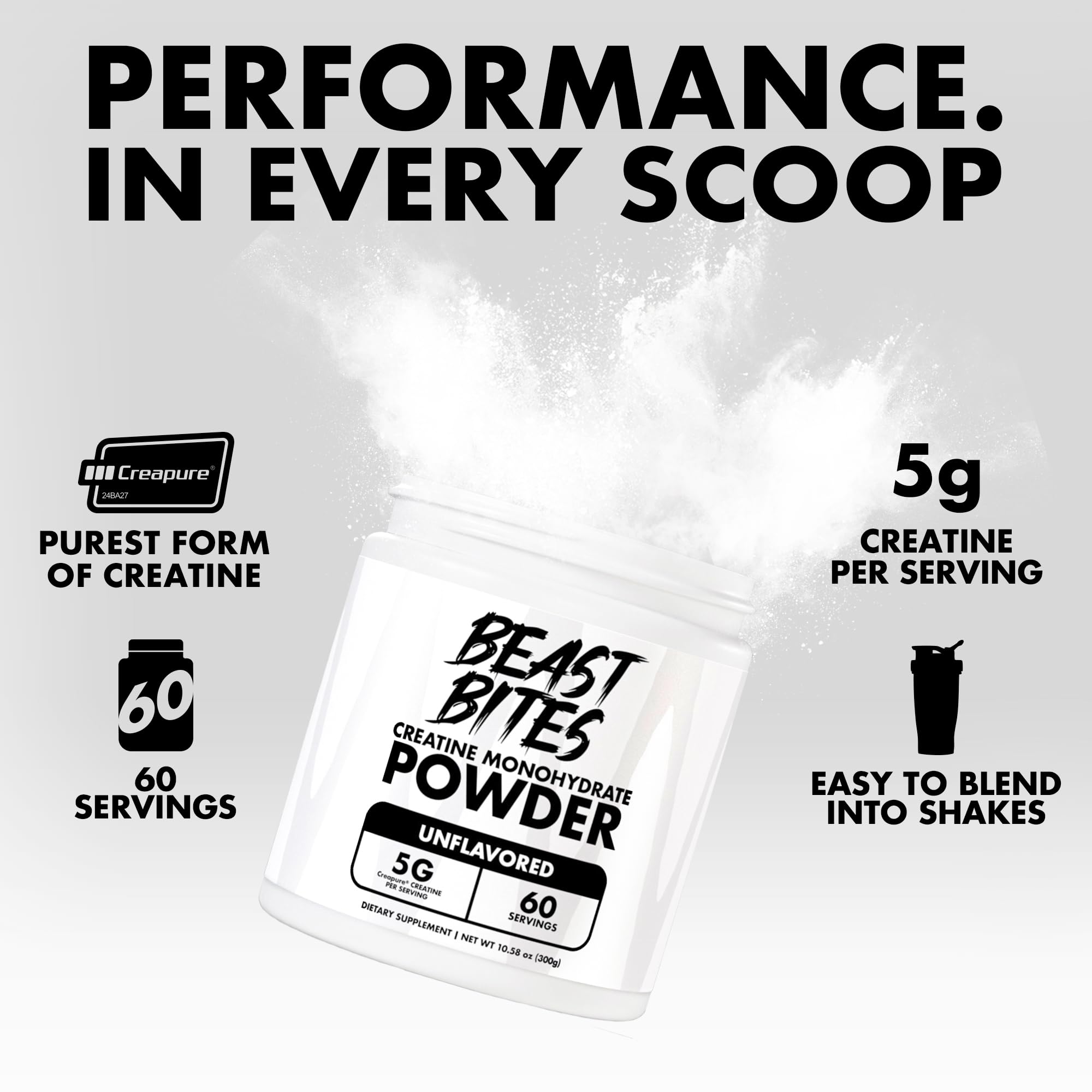 Porción de 5 g de Creatina Monohidrato BEAST BITES para fortalecimiento muscular