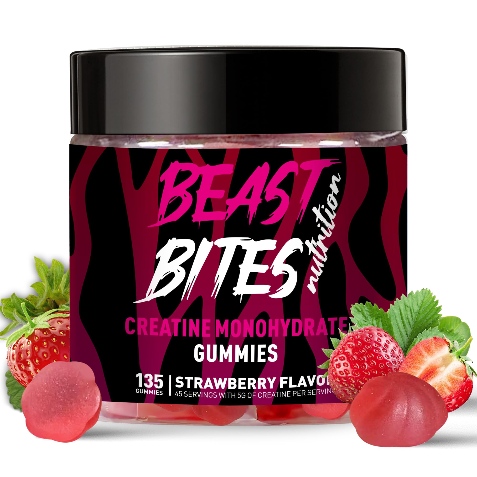 Frasco BEAST BITES con gomitas de creatina monohidrato, sabor fresa, para energía diaria.