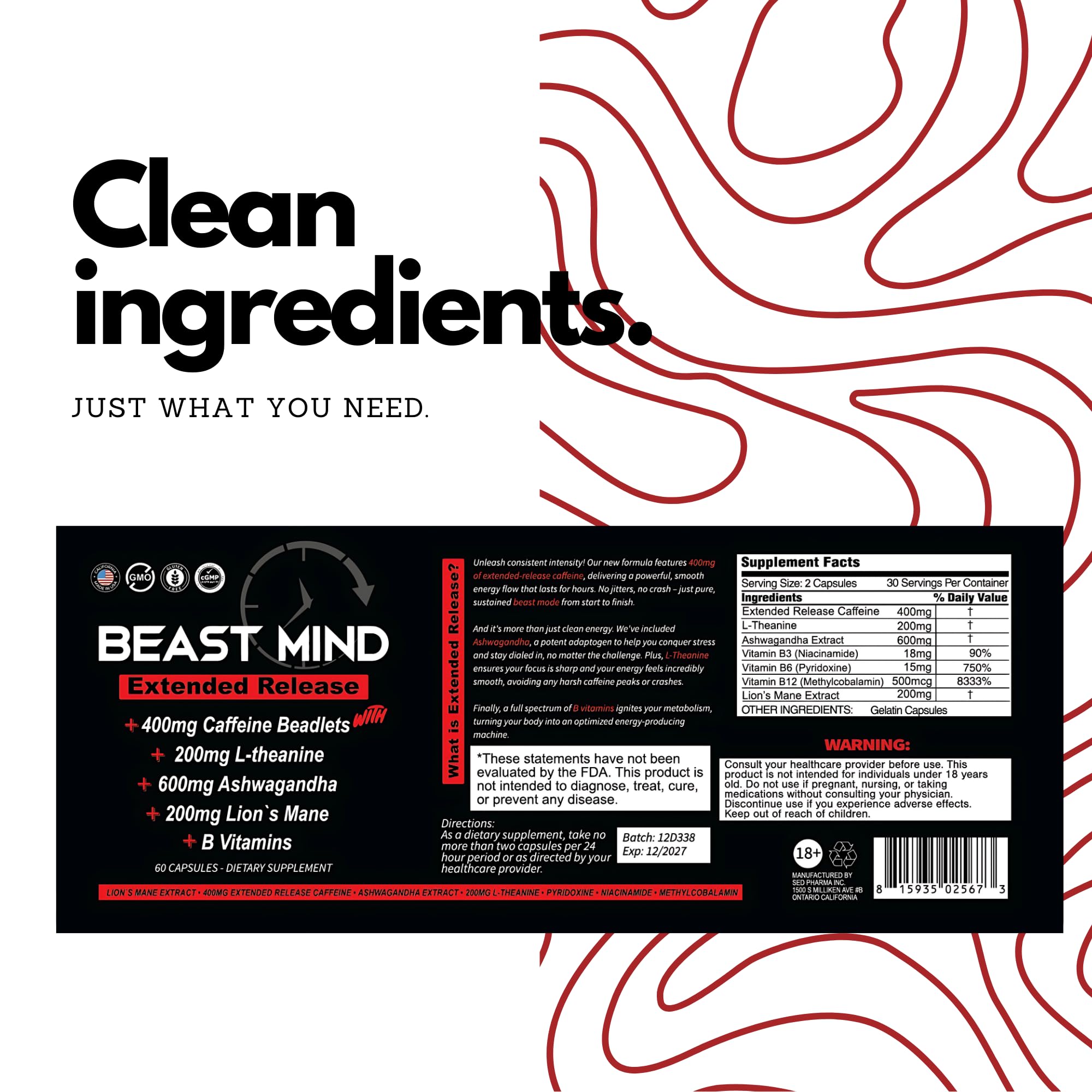 Beast Mind Cápsulas de cafeína extendida para concentración sostenida.