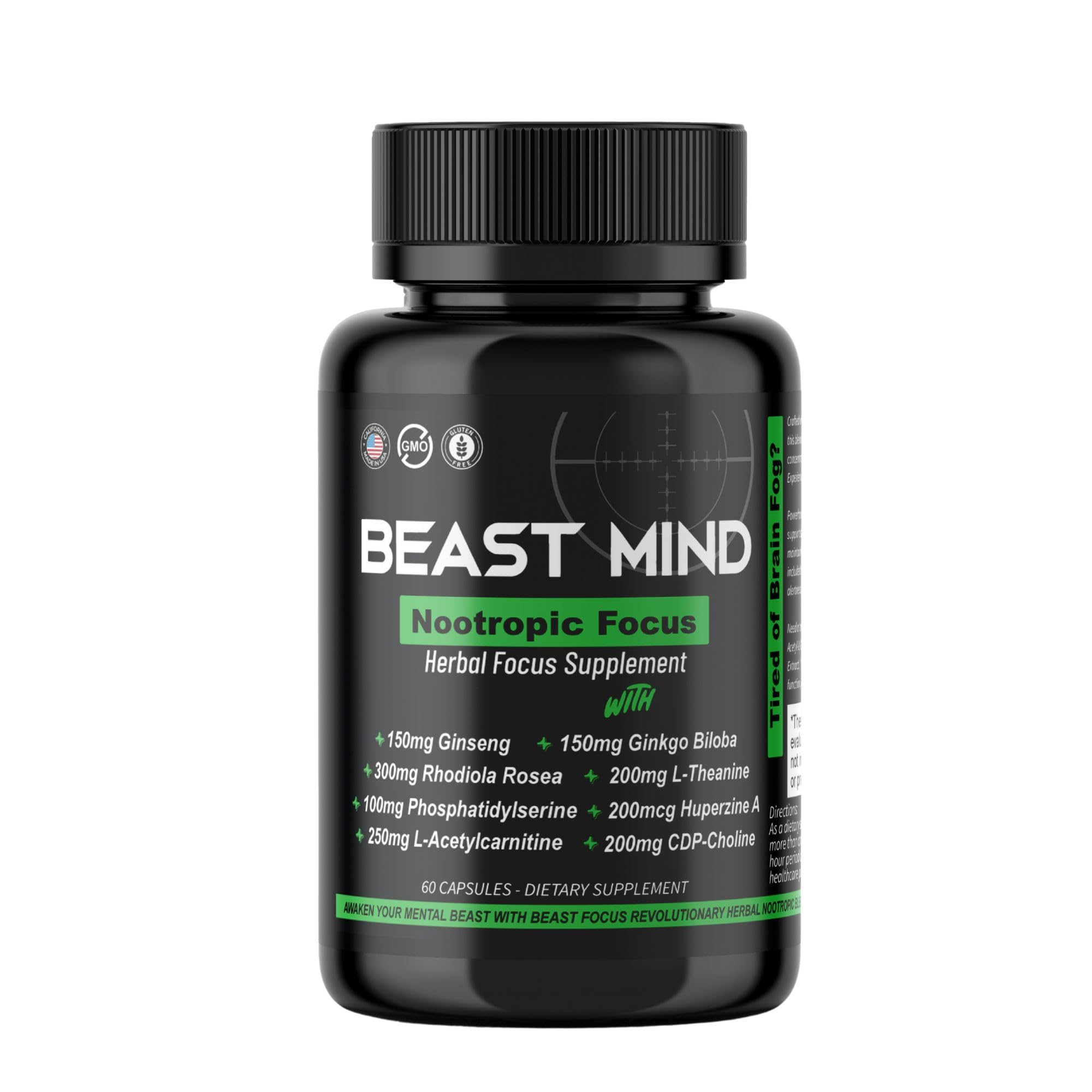 Beast Mind Focus frasco de cápsulas para un enfoque sostenido.