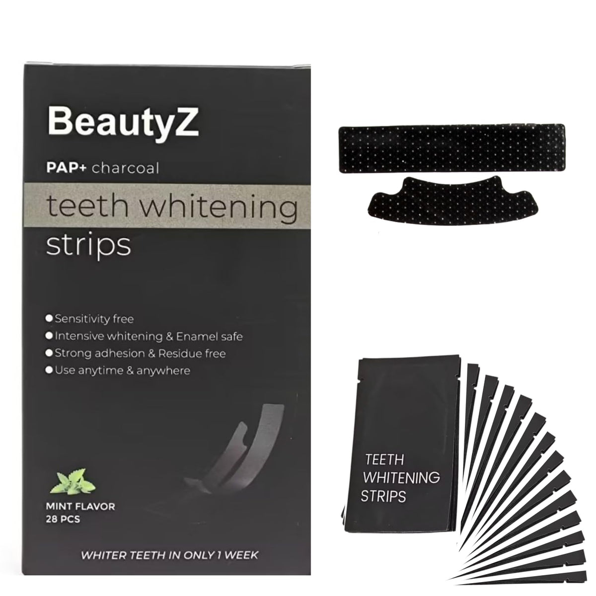BeautyZ tiras blanqueadoras sensibles mantienen el esmalte seguro mientras blanquean de forma suave.