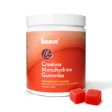 Beava gomitas de creatina monohidratada, frasco con gomitas sabor fresa, apoyo para rendimiento muscular.