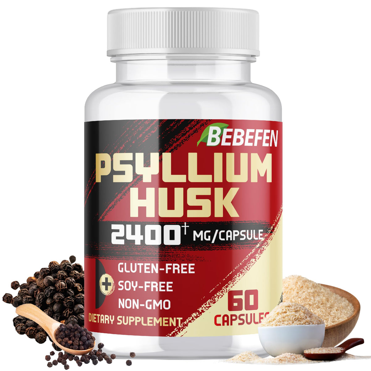 BEBEFEN Psyllium cápsulas 2400mg frente al frasco, apoyo diario para la salud digestiva