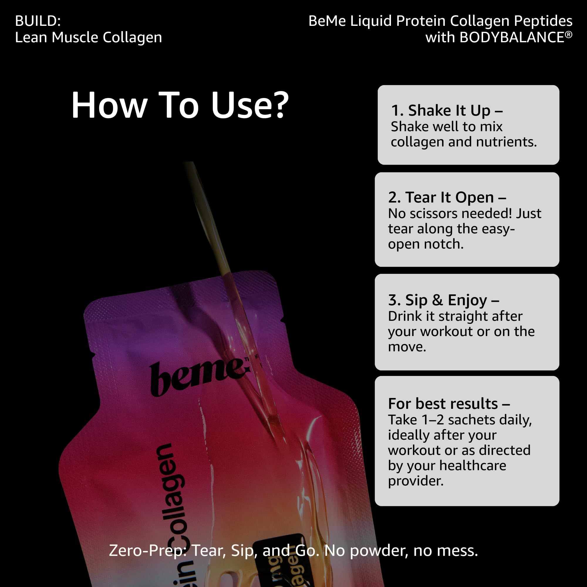 BeMe proteína líquida con colágeno, refuerzo suave para músculos.