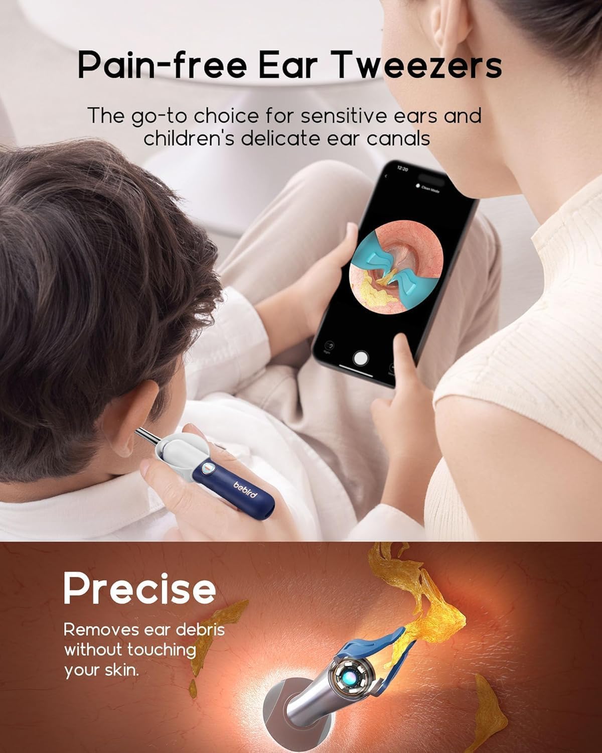 BEBIRD Earsight Plus: tope de seguridad y escala para uso seguro.