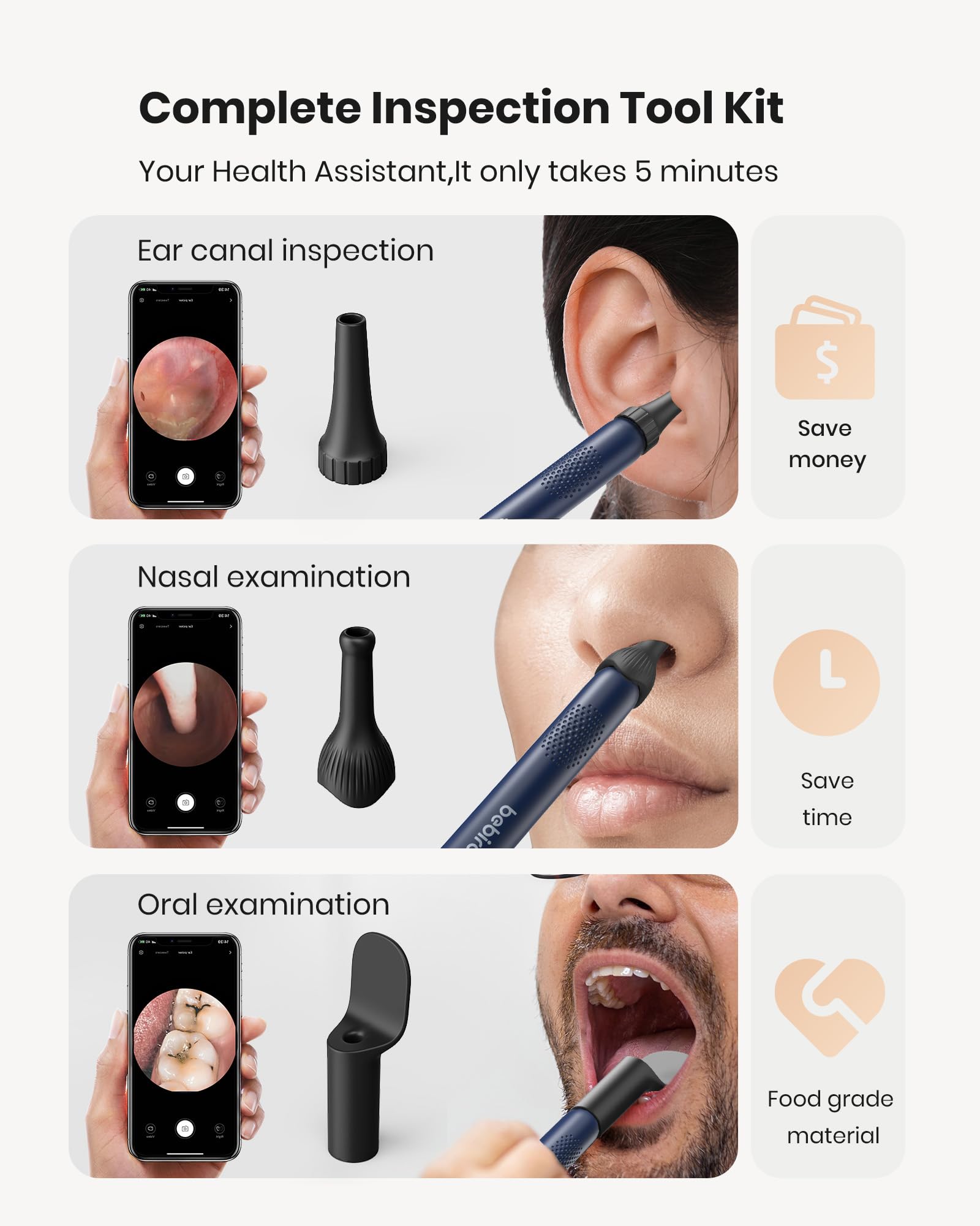 BEBIRD R1 iluminación LED de 6 puntos para detallar cerumen y paredes.