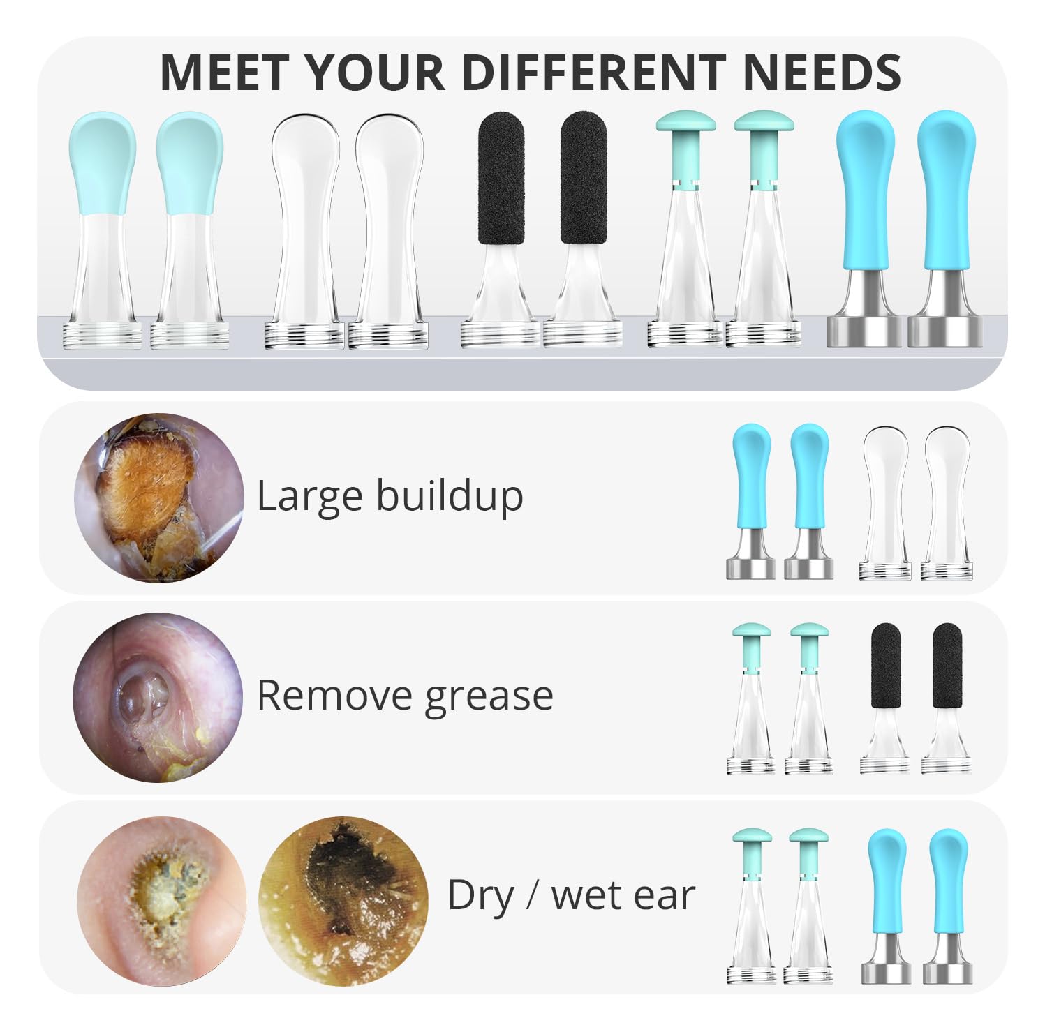 BEBIRD R1: puntas para cerumen seco y húmedo, versatilidad en la limpieza.