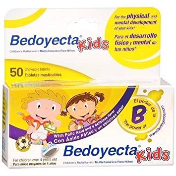 Bedoyecta Kids, envase práctico con tabletas masticables para uso diario en niños.