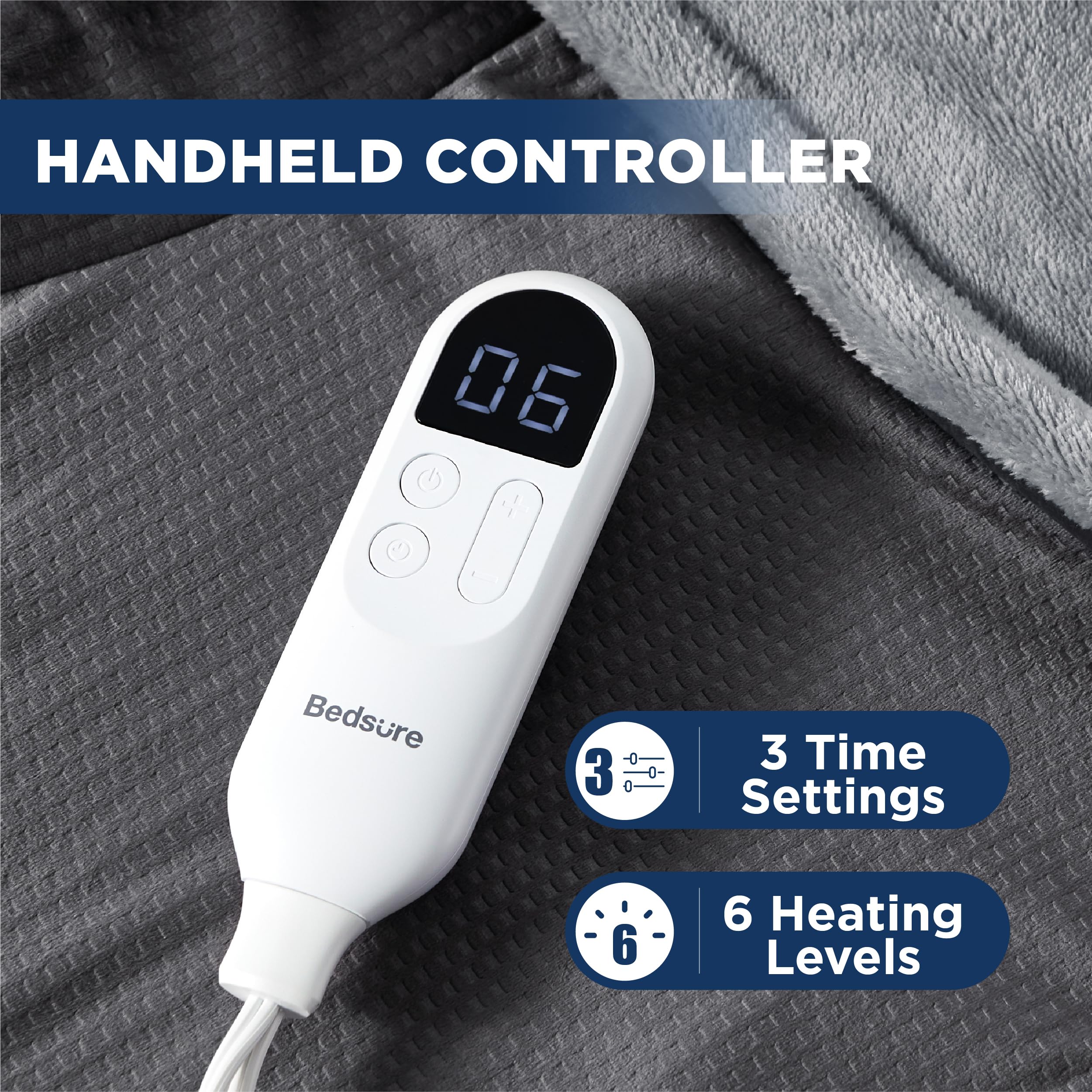 Bedsure controlador con cable para ajustar temperatura y temporizador.