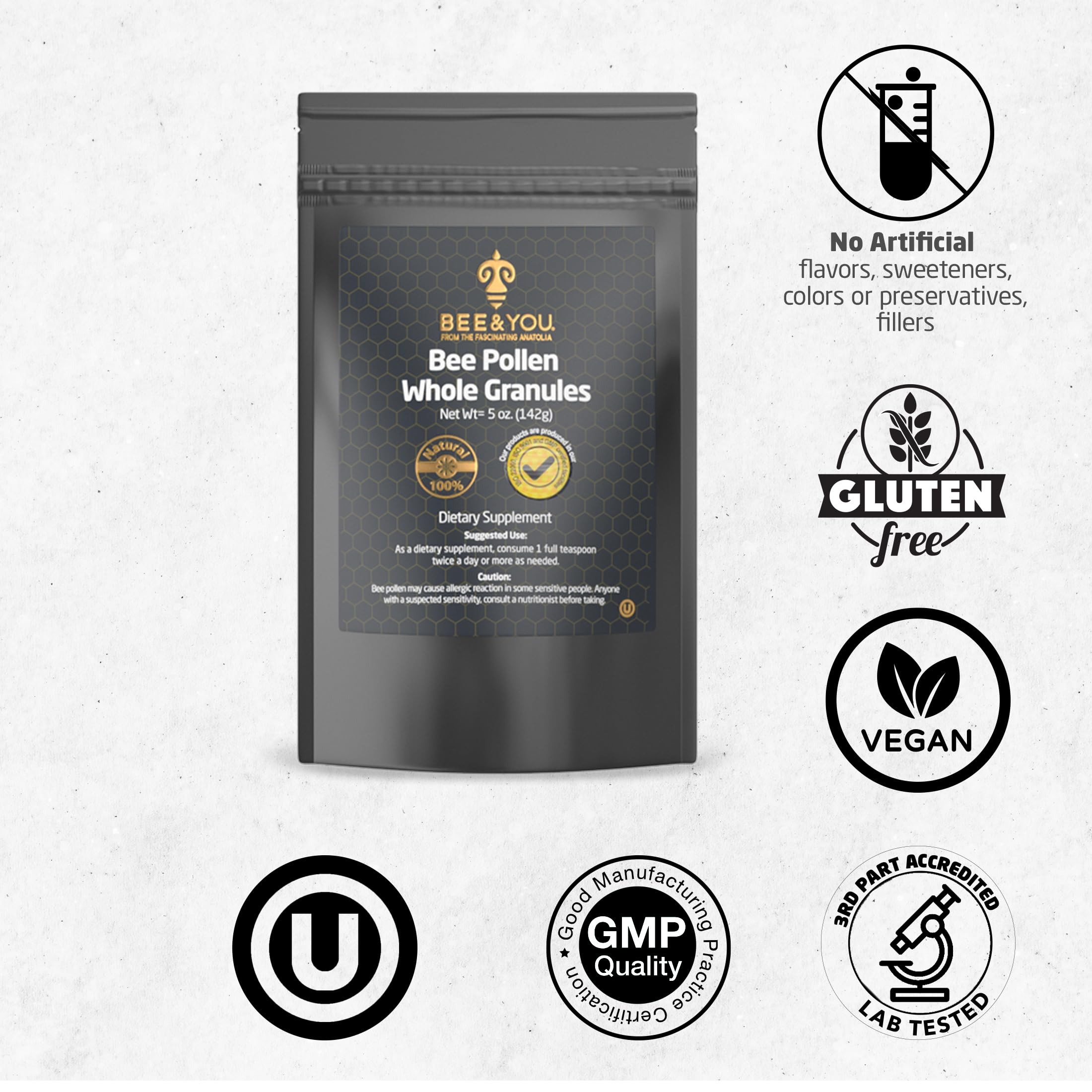 BEE & YOU Polen de abeja crudo, sin calor para conservar nutrientes.