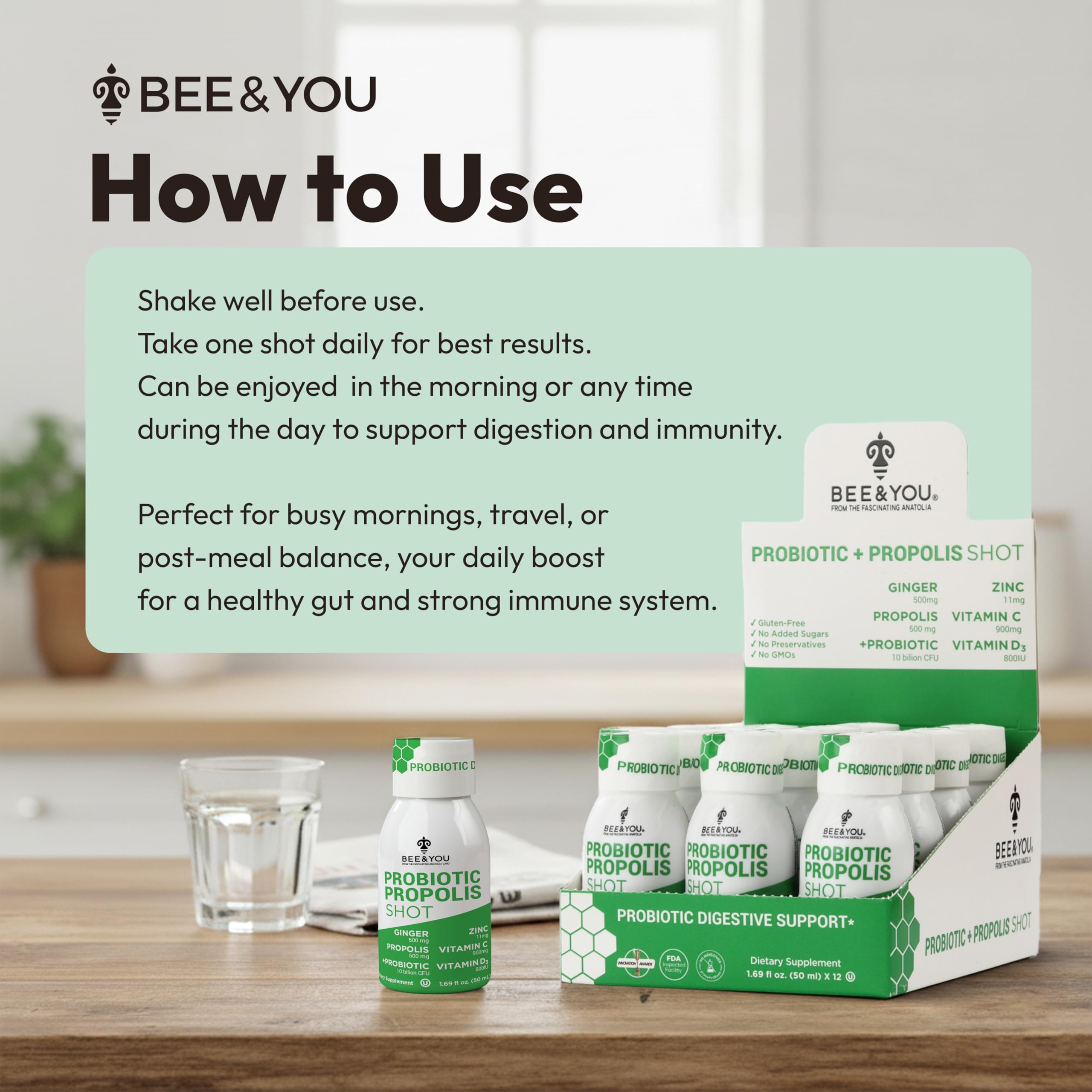 Bee & You Propolis 12 envases, empaquetado visible para conveniencia.