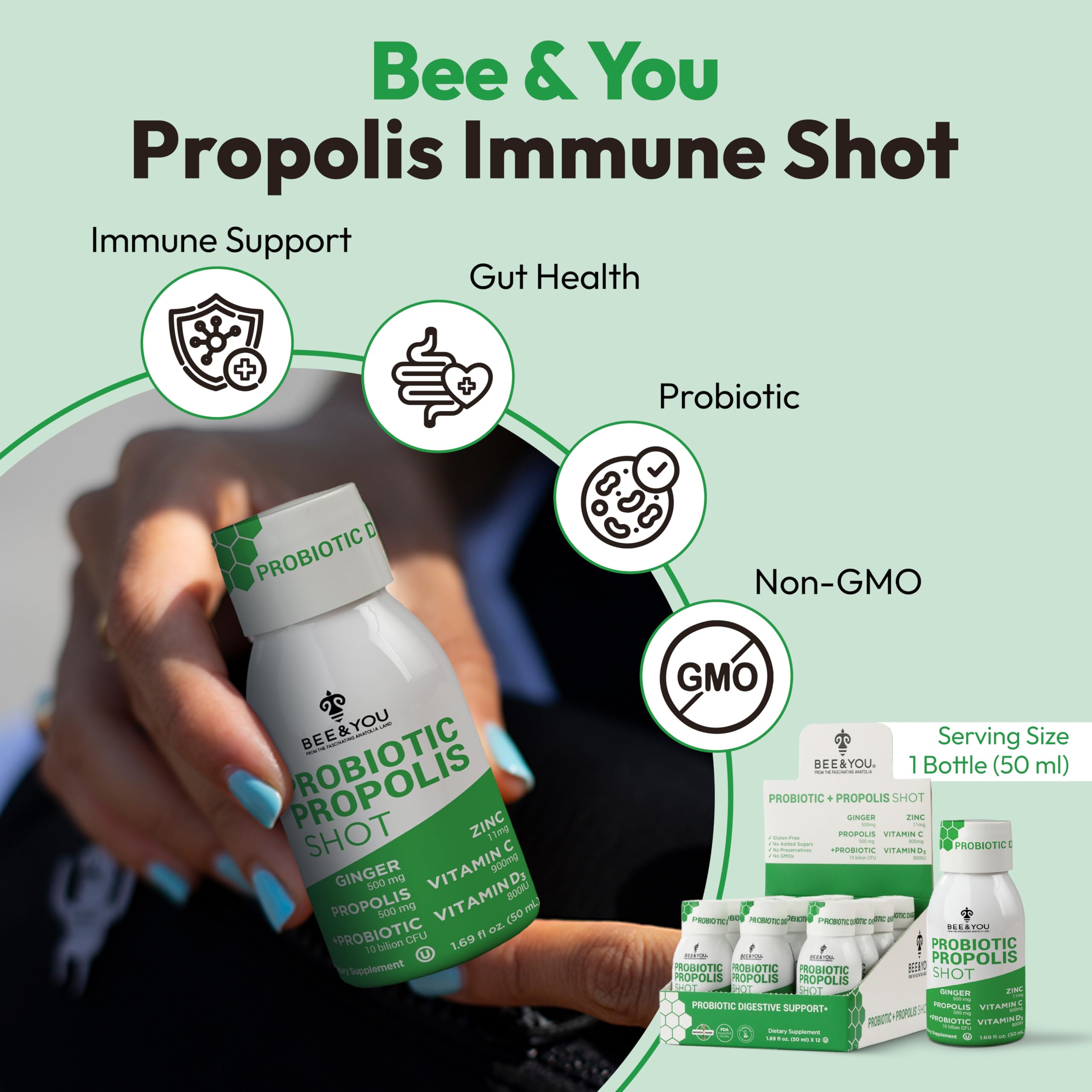 Bee & You Propolis Inmuno-Disparo, etiqueta en primer plano para apoyo diario.
