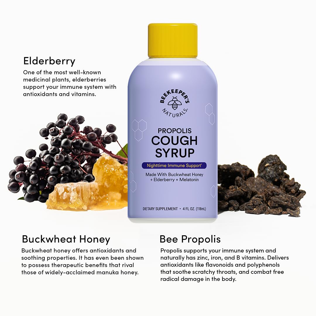 Beekeeper’s Naturals B.Better propóleo natural en la fórmula de jarabe.
