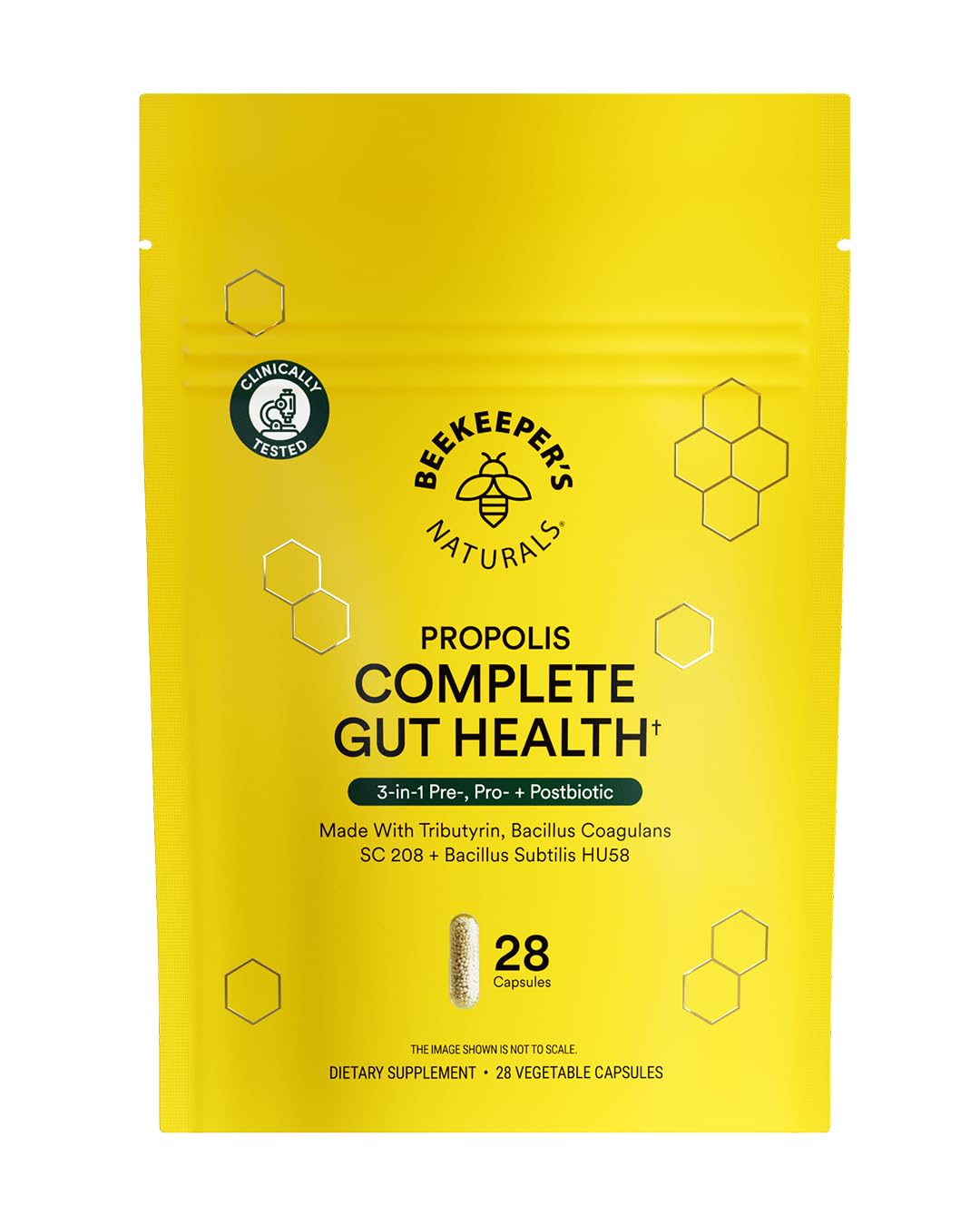 Beekeeper's Naturals Complete Gut Health en botella para equilibrio digestivo.