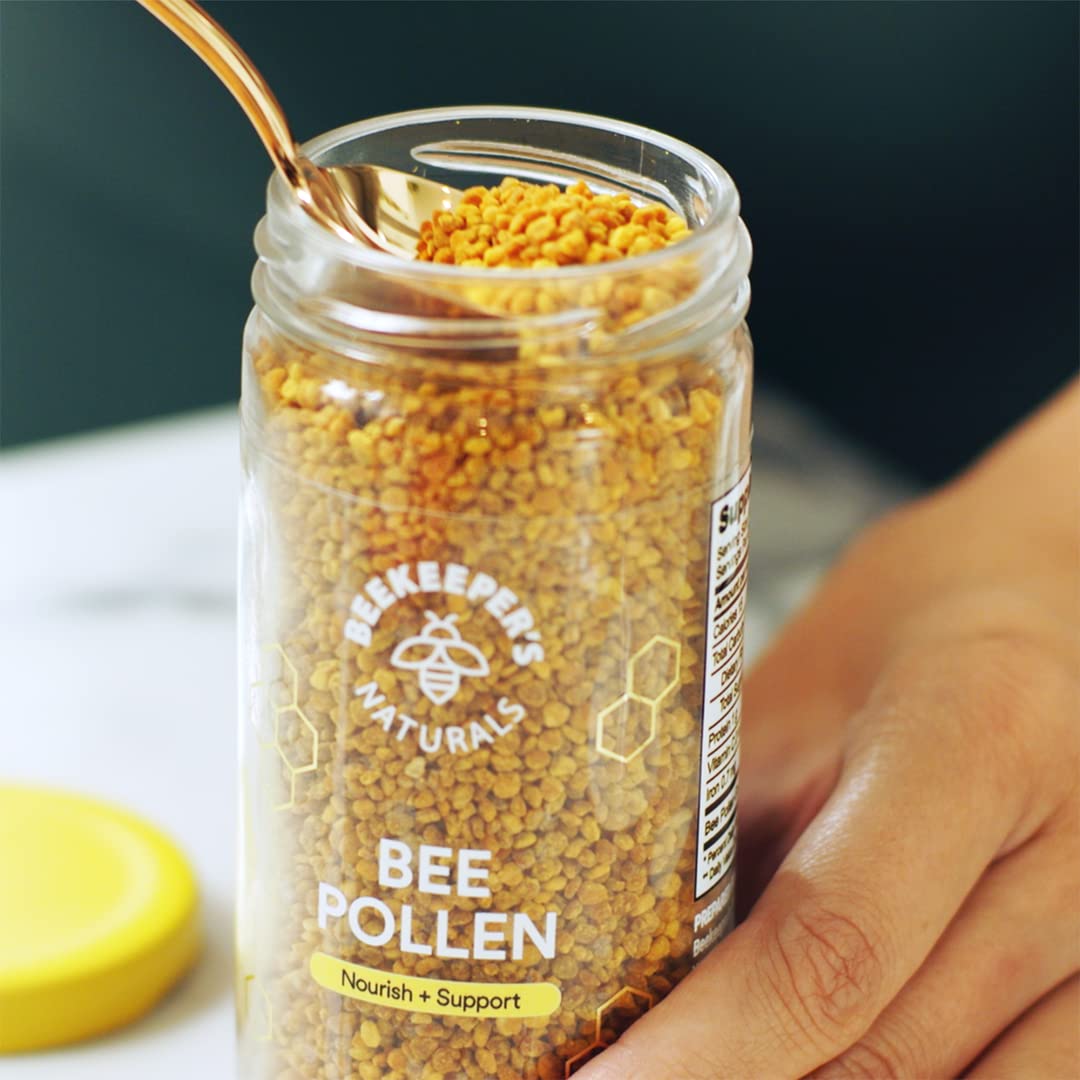 Beekeeper's Naturals polen de abeja crudo, nutrientes conservados sin calor.