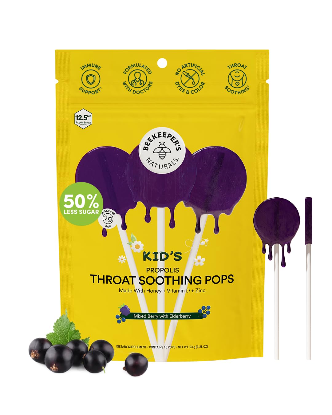 Beekeeper's Naturals chupete para garganta infantil con mora y saúco, apoyo suave.