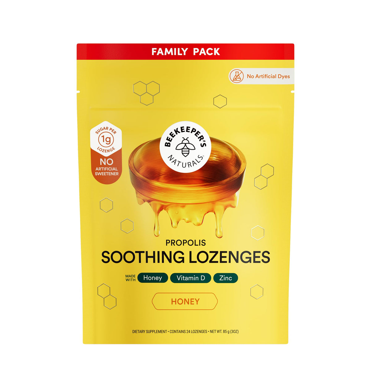 Pastillas Beekeeper's Naturals con miel en botella, sabor suave para uso diario.