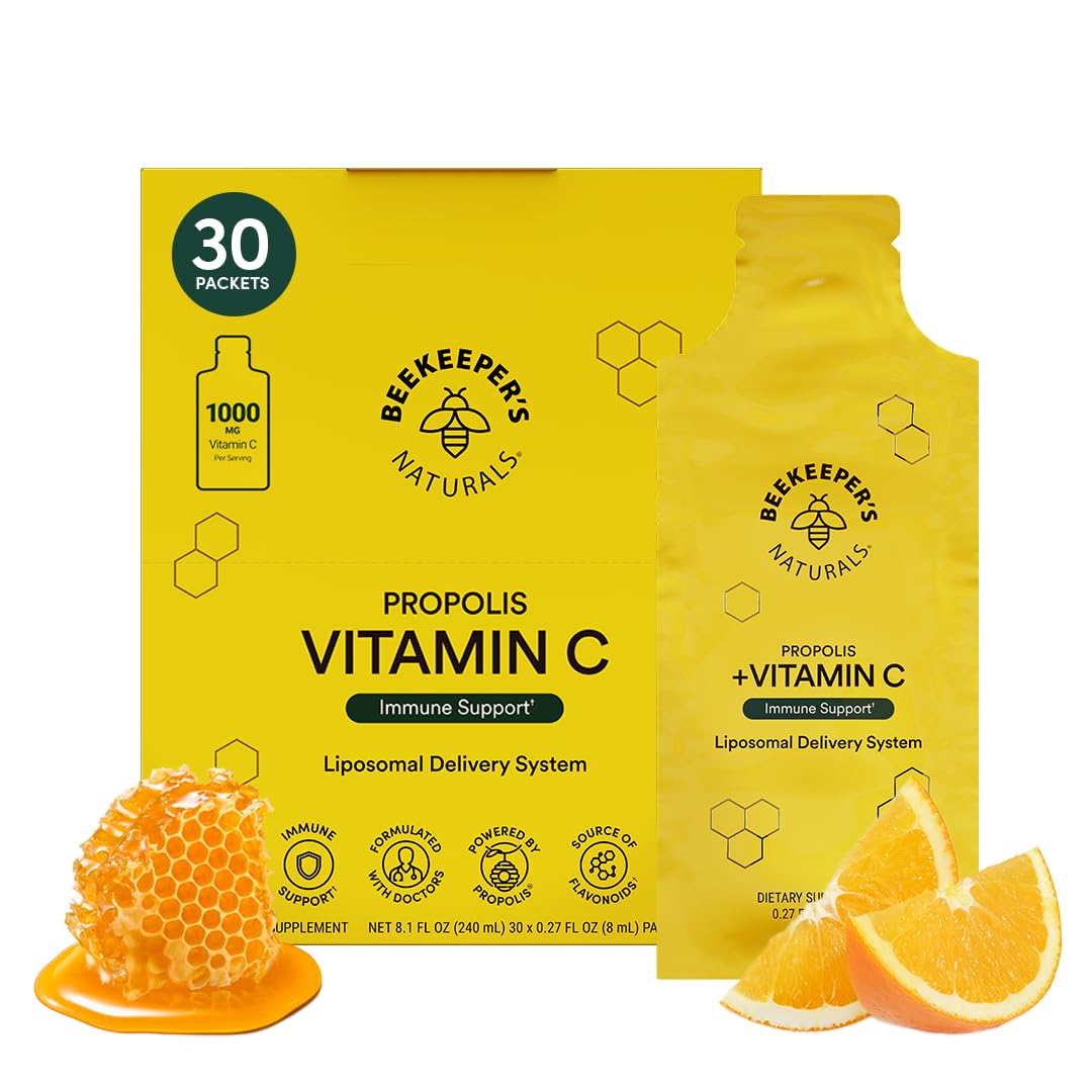 Beekeeper's Naturals Propolis Vitamina C liposomales, frasco frontal, apoyo diario al sistema inmune.