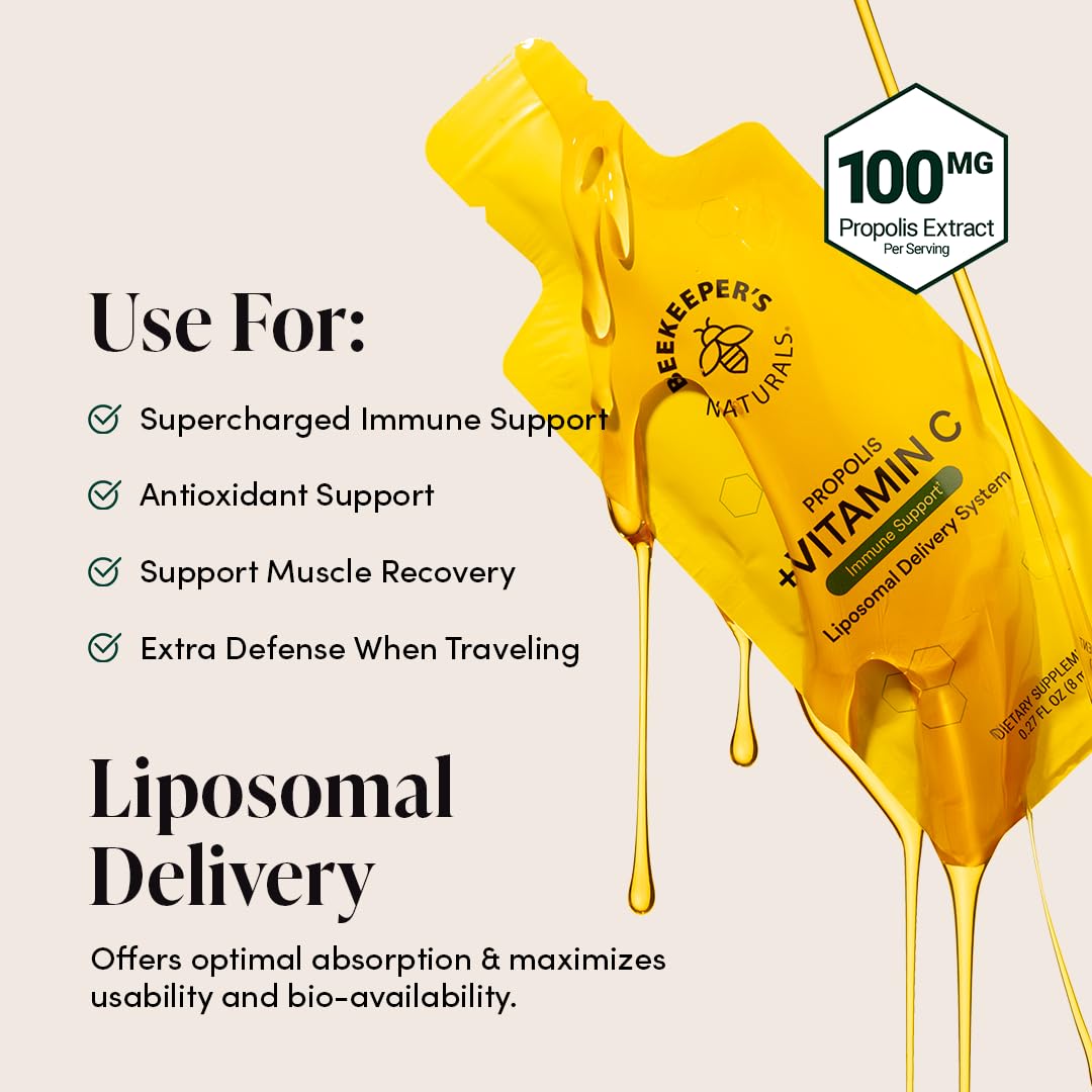 Beekeeper's Naturals Propolis Vitamina C liposomales, etiqueta clara con lista de ingredientes.