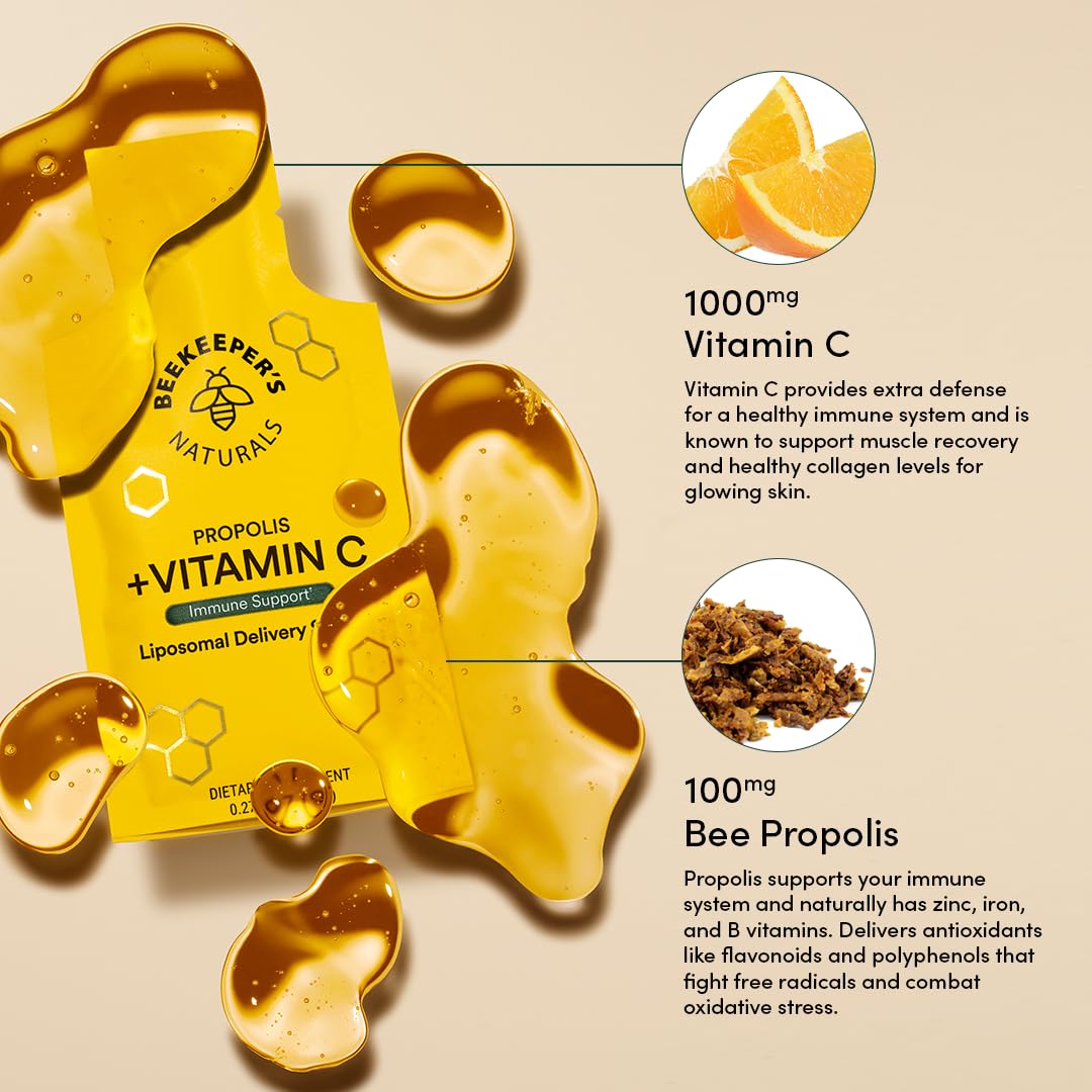 Beekeeper's Naturals Propolis Vitamina C liposomales, miel orgánica visible en la etiqueta.