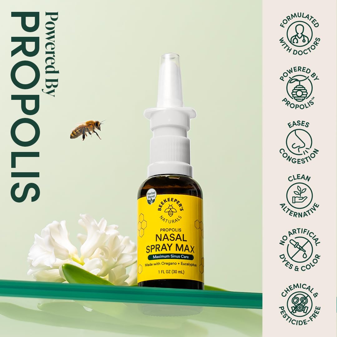 Beekeeper's Naturals Propolis Nasal Rinse Max, pulverizador expuesto, sensación de frescura.