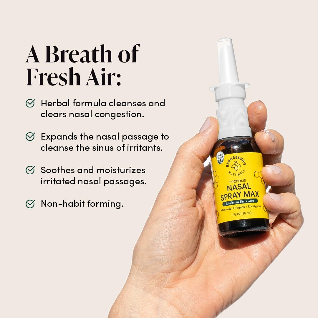 Beekeeper's Naturals Propolis Nasal Rinse Max, etiqueta, aroma herbal reconfortante.