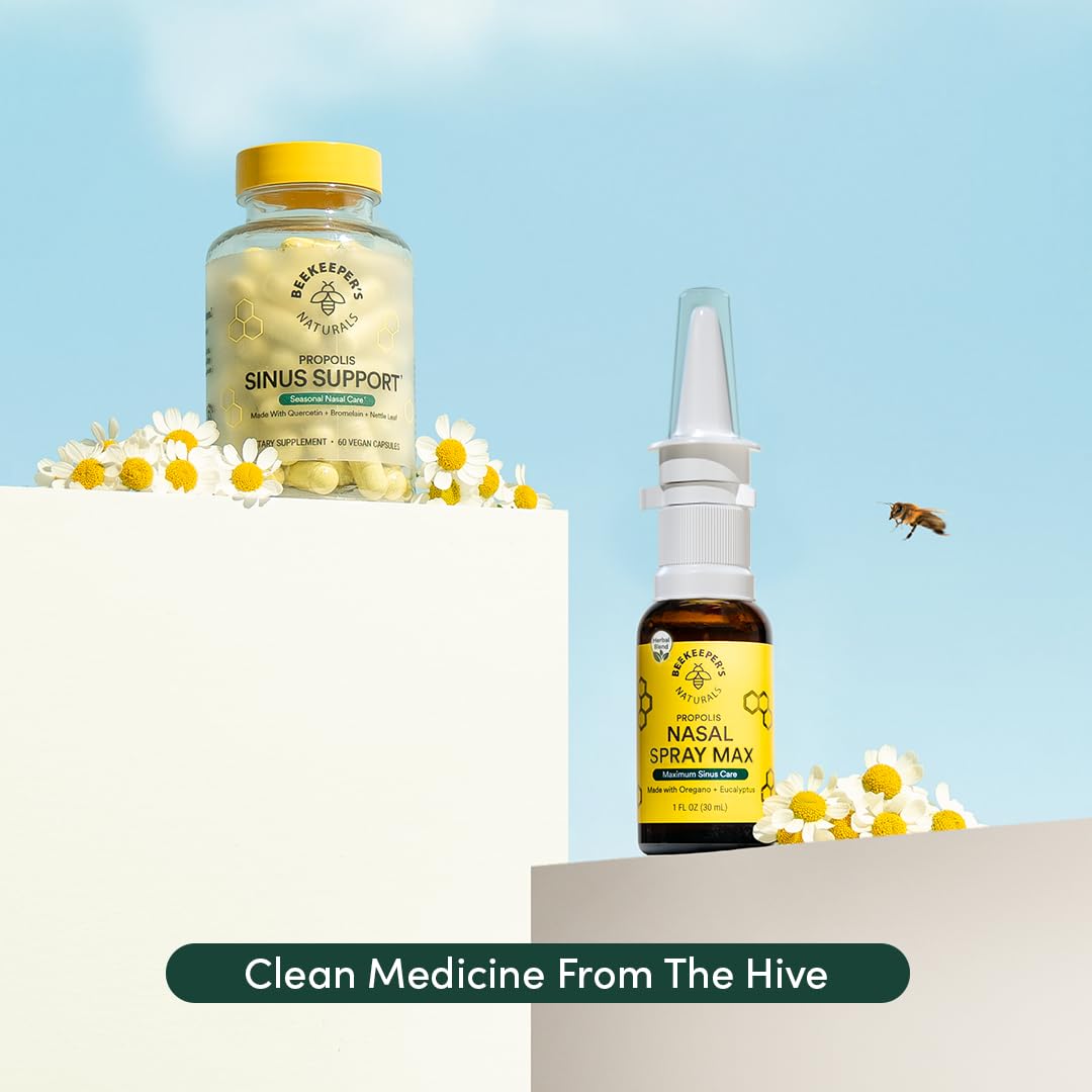 Beekeeper's Naturals Propolis Nasal Rinse Max, gota visible, ayuda a mantener vías respiratorias limpias.