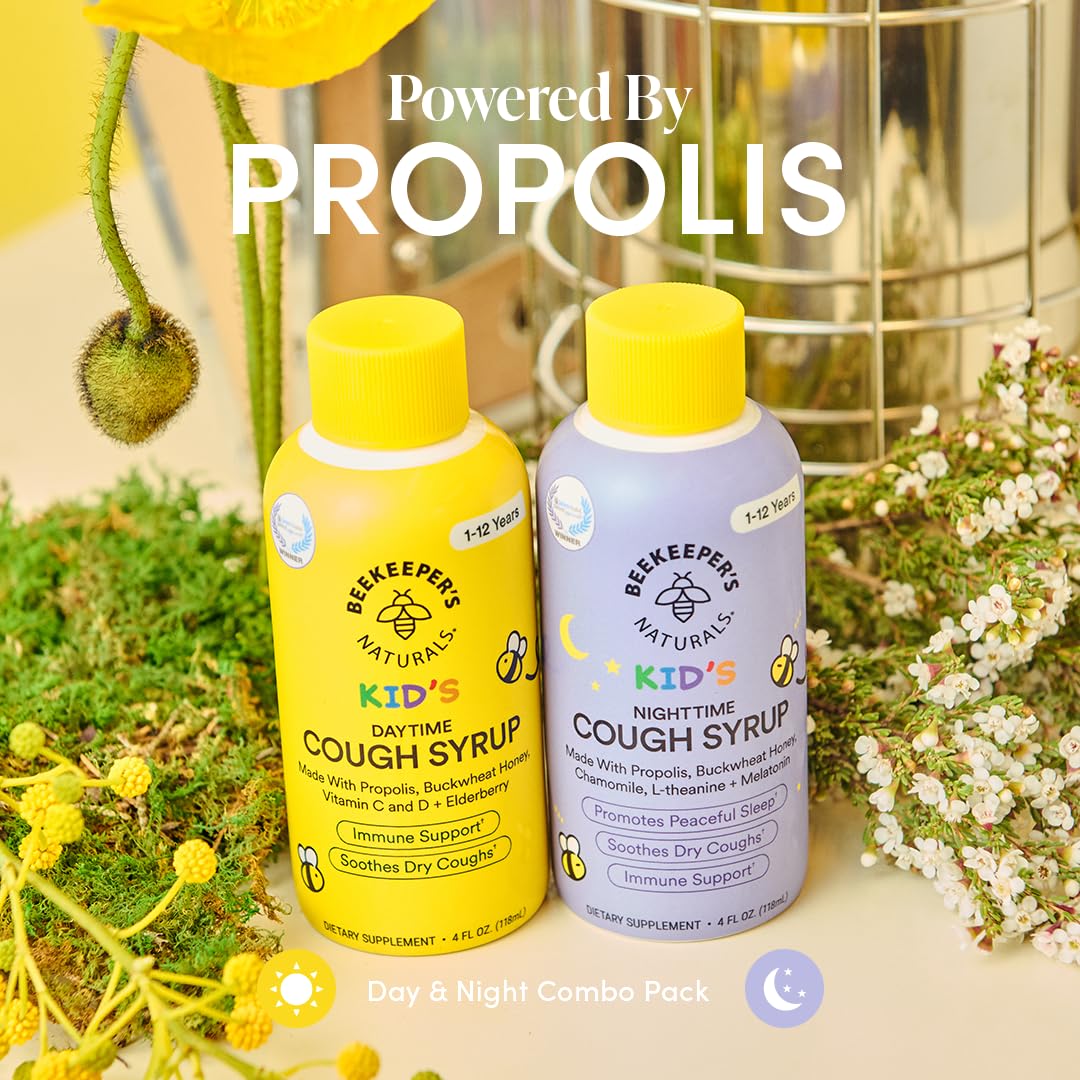 Etiqueta Beekeeper's Naturals en jarabe para tos infantiles, presentación clara.