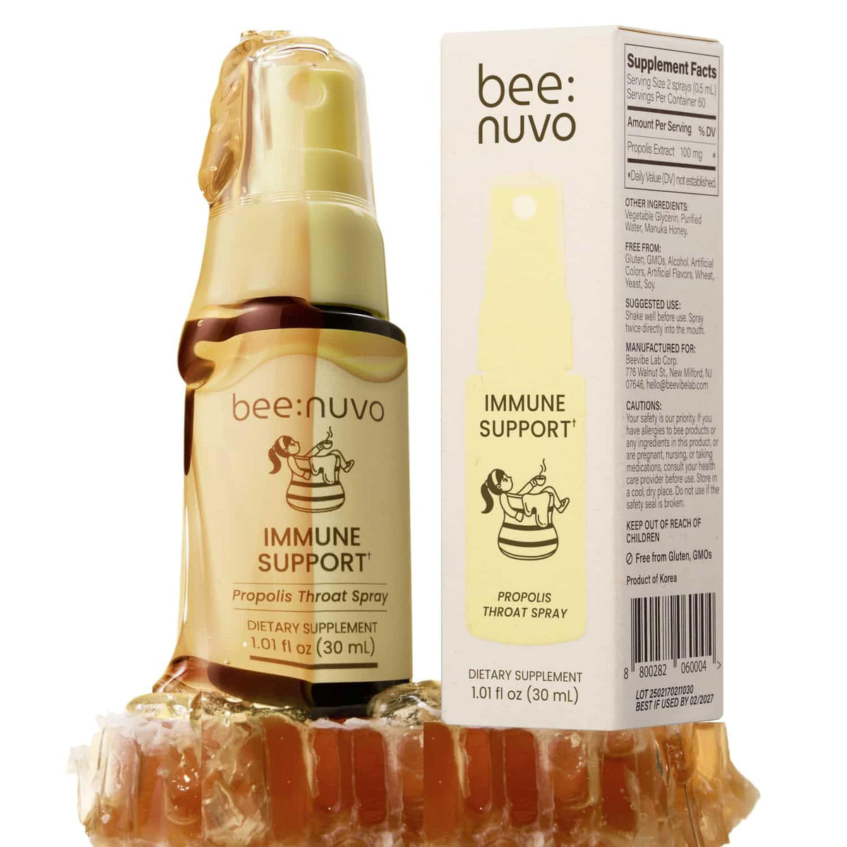 Beenuvo Propolis Spray boca en uso diario para confort de garganta.