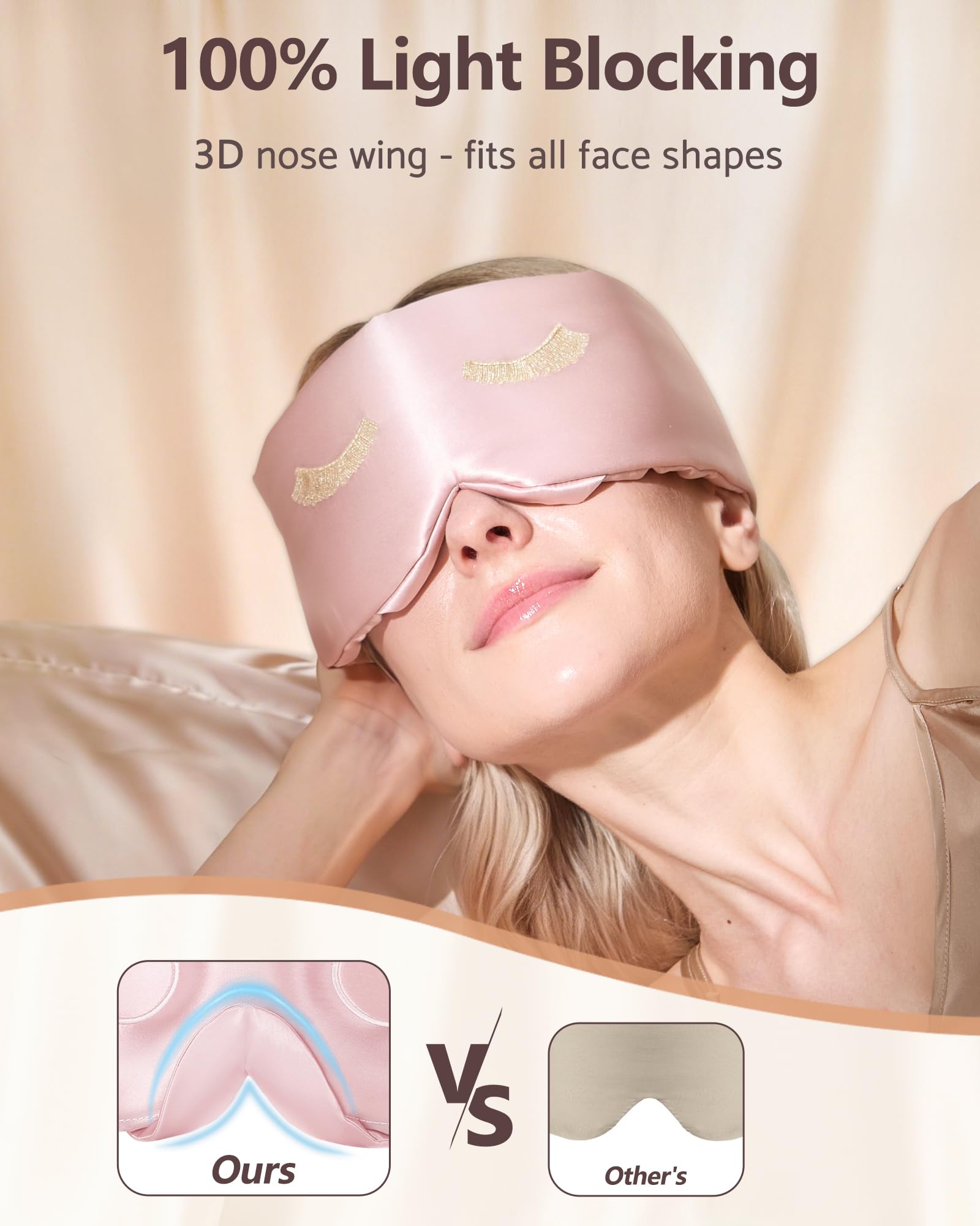 BeeVines mascarilla seda 3D correa ajustable se mantiene en su lugar durante la noche