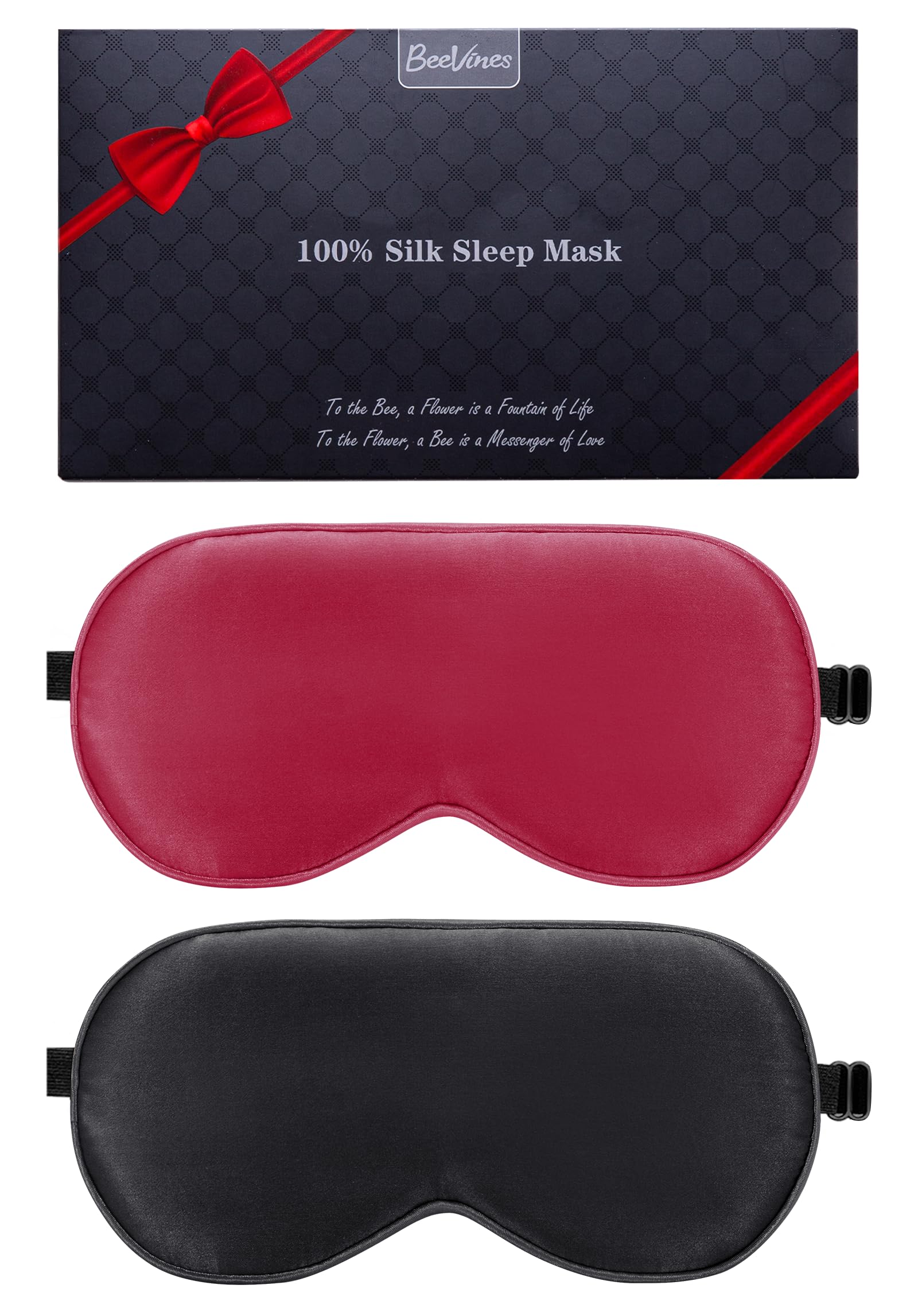 BeeVines mascarilla de seda Mulberry, paquete doble negro y rojo para dormir sin luz